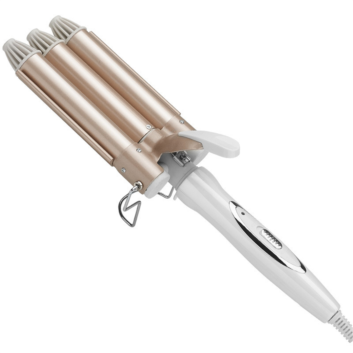 Ein goldfarbener Lockenstab mit drei Läufen, einem weißen Griff und einem Netzkabel.
