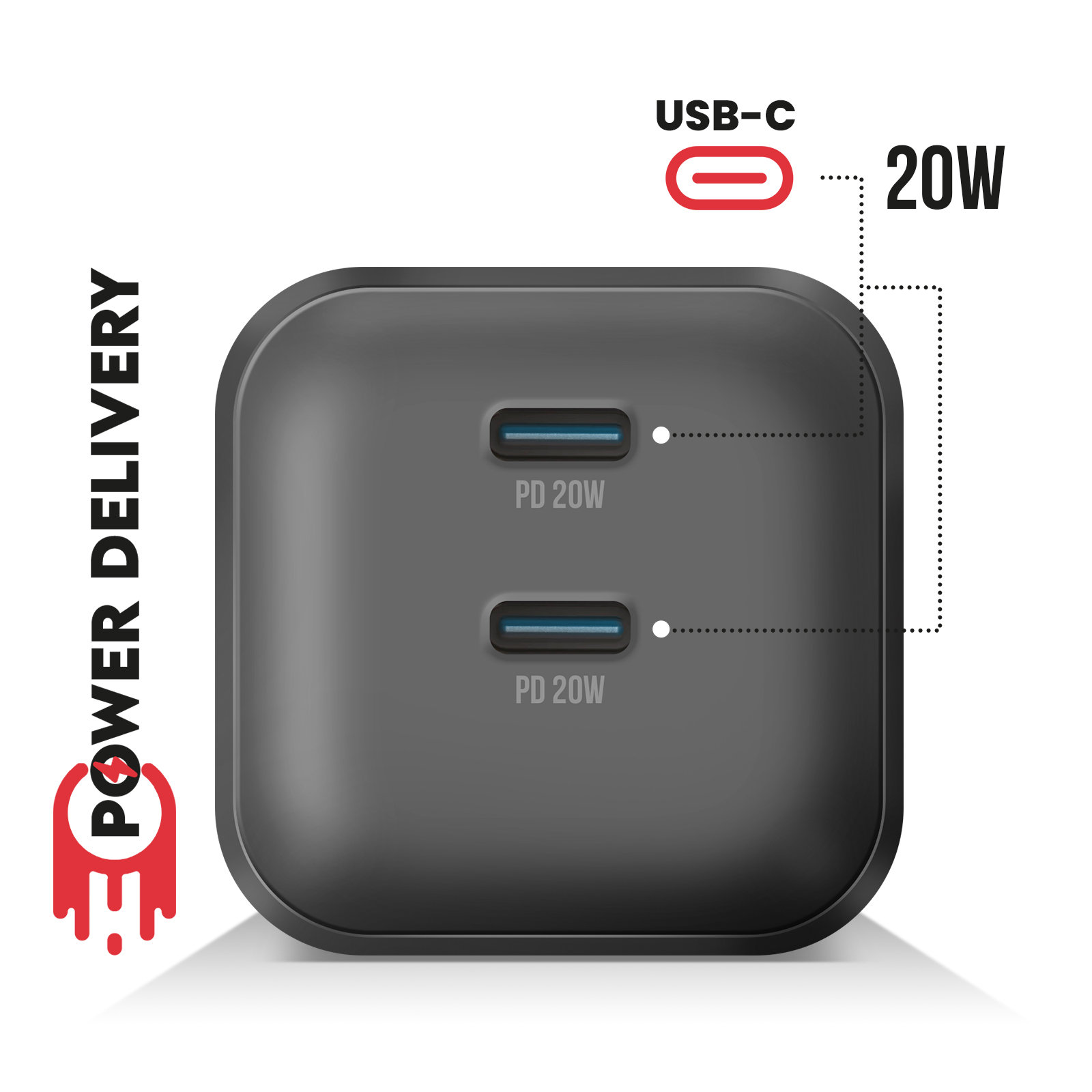 Caricatore quadrato nero con due porte USB-C. Testo: 'PD 20W'. Simbolo USB-C e logo Power Delivery.