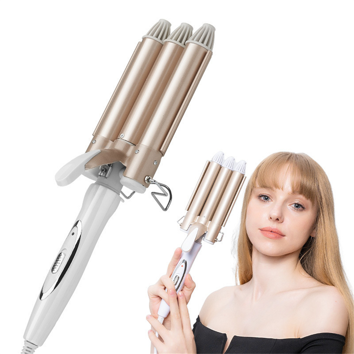 Haar-Lockenwickler mit drei Läufen, gehalten von einer Frau, mit einem zweiten Lockenwickler daneben.