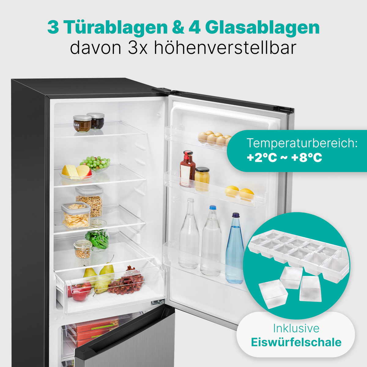Kühlschrankinnenraum mit Lebensmitteln und Eis. Text: 3 Türablagen & 4 Glasablagen, Temperatur +2°C bis +8°C.