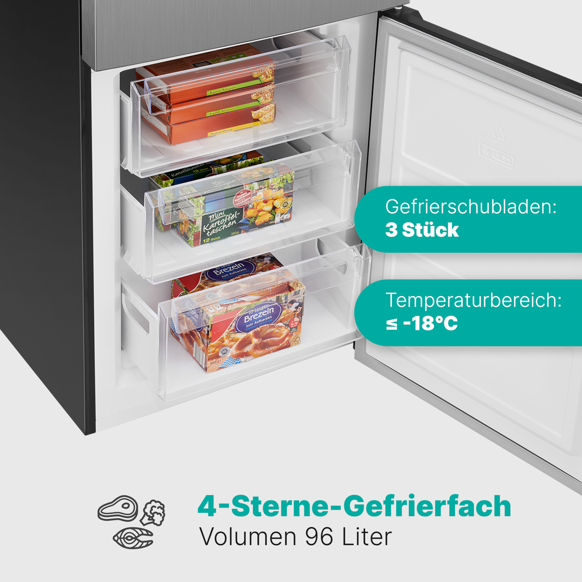 Offener Kühlschrank mit drei Gefrierschubladen, zeigt Tiefkühlkost und Text.