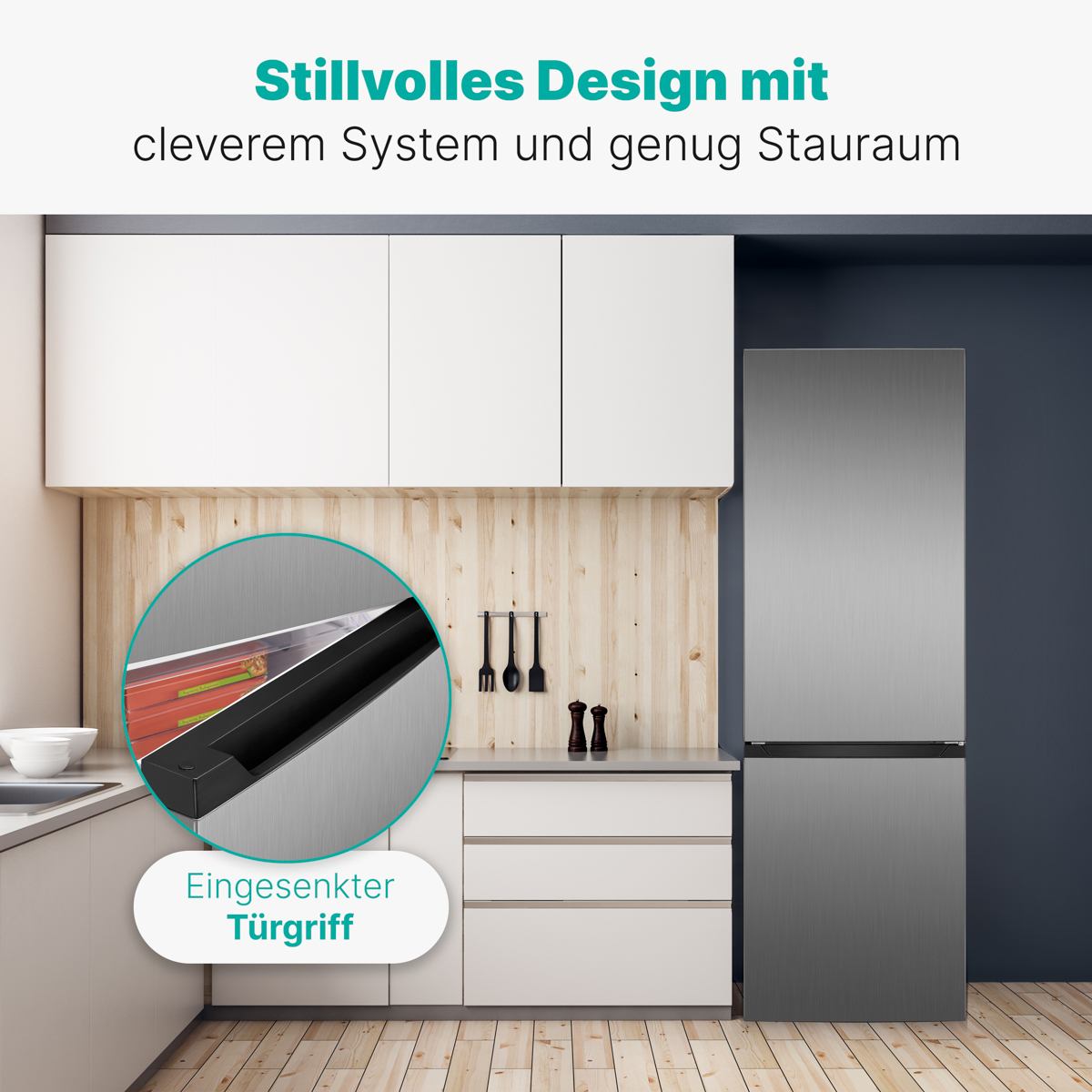 Küchenszene mit Kühlschrank und Einzelschublade, Text auf Deutsch, weiße Schränke und dunkelblaue Wand.