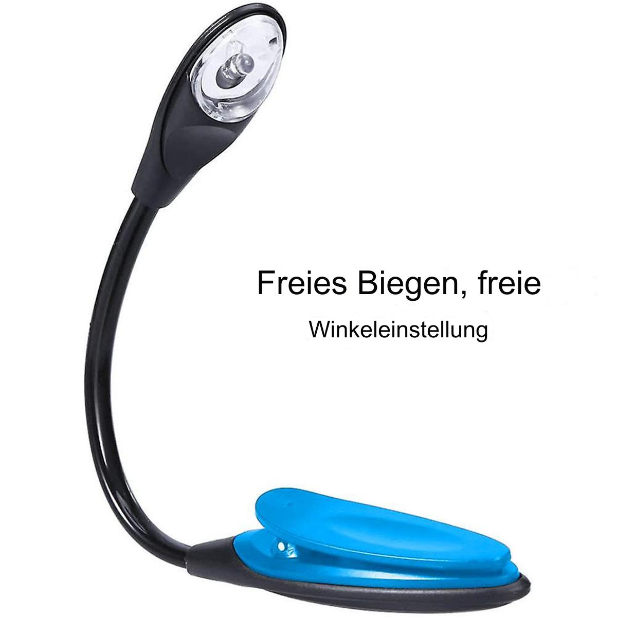 Eine schwarz-blaue Leselampe mit flexiblem Hals, Text auf Deutsch.