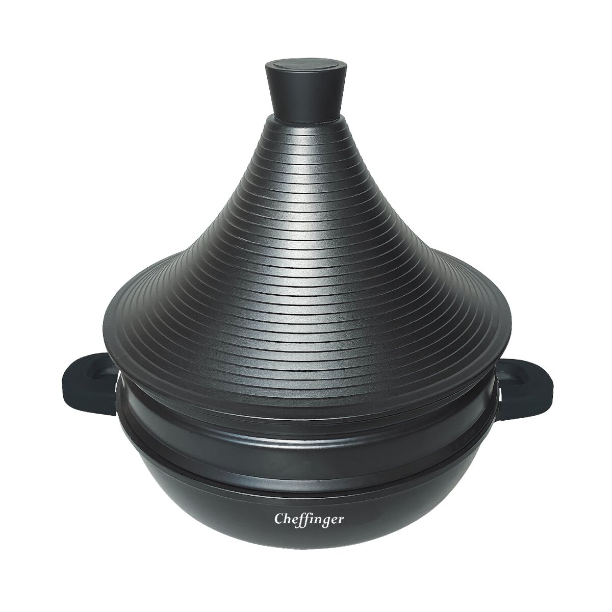 Schwarzer, geschlossener Tajine-Topf auf weißem Hintergrund. Der Topf hat einen konischen Deckel mit zwei Griffen.