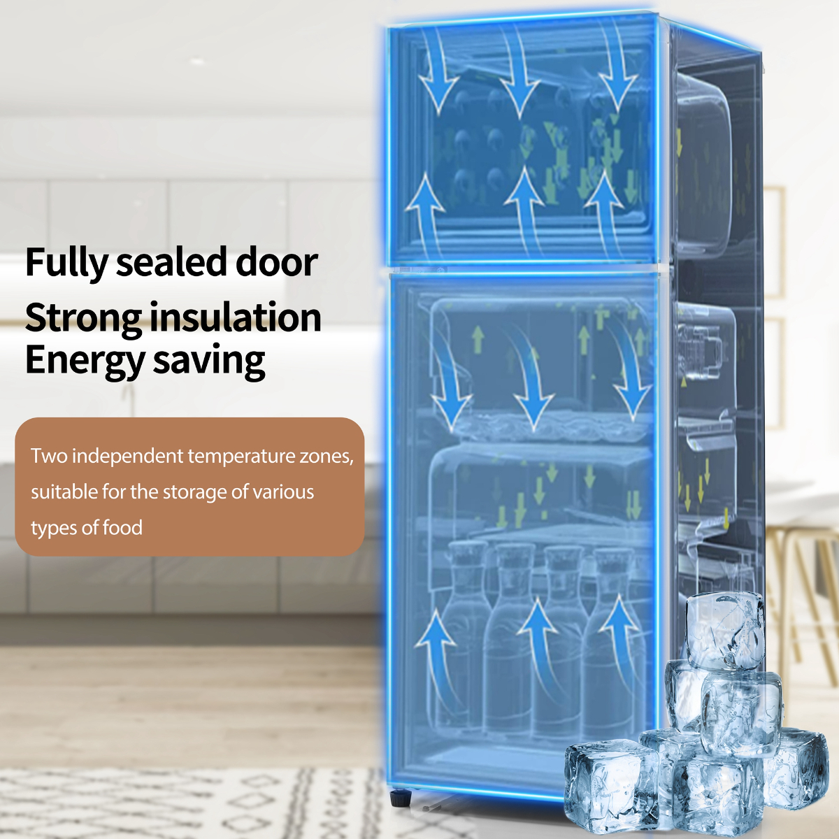Ein Kühlschrank mit transparenter Tür, die den Luftstrom zeigt, und Text, der Energieeinsparung beschreibt.