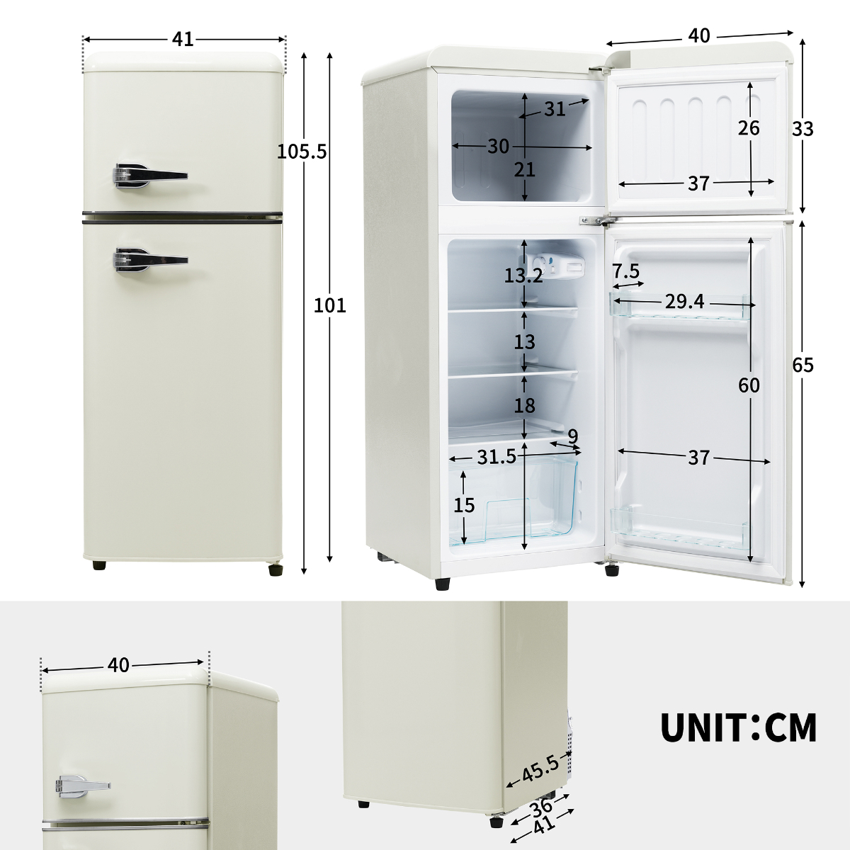Cremefarbener Kühlschrank mit cm-Maßen. Geöffnete Türen zeigen das Innere.