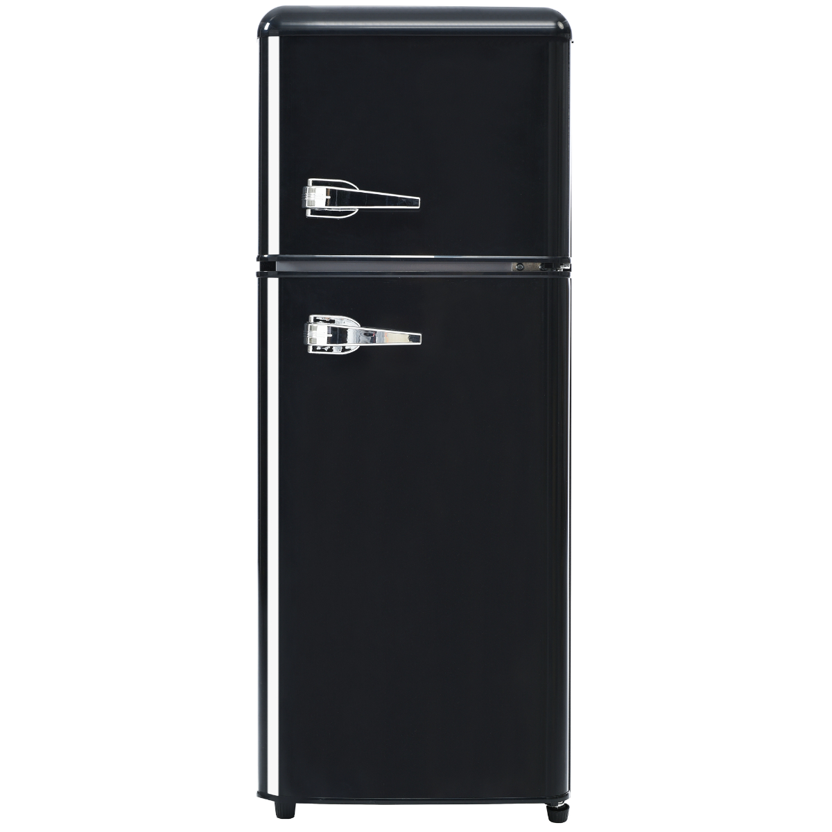 Schwarzer Retro-Kühlschrank mit zwei Türen und Chromgriffen.