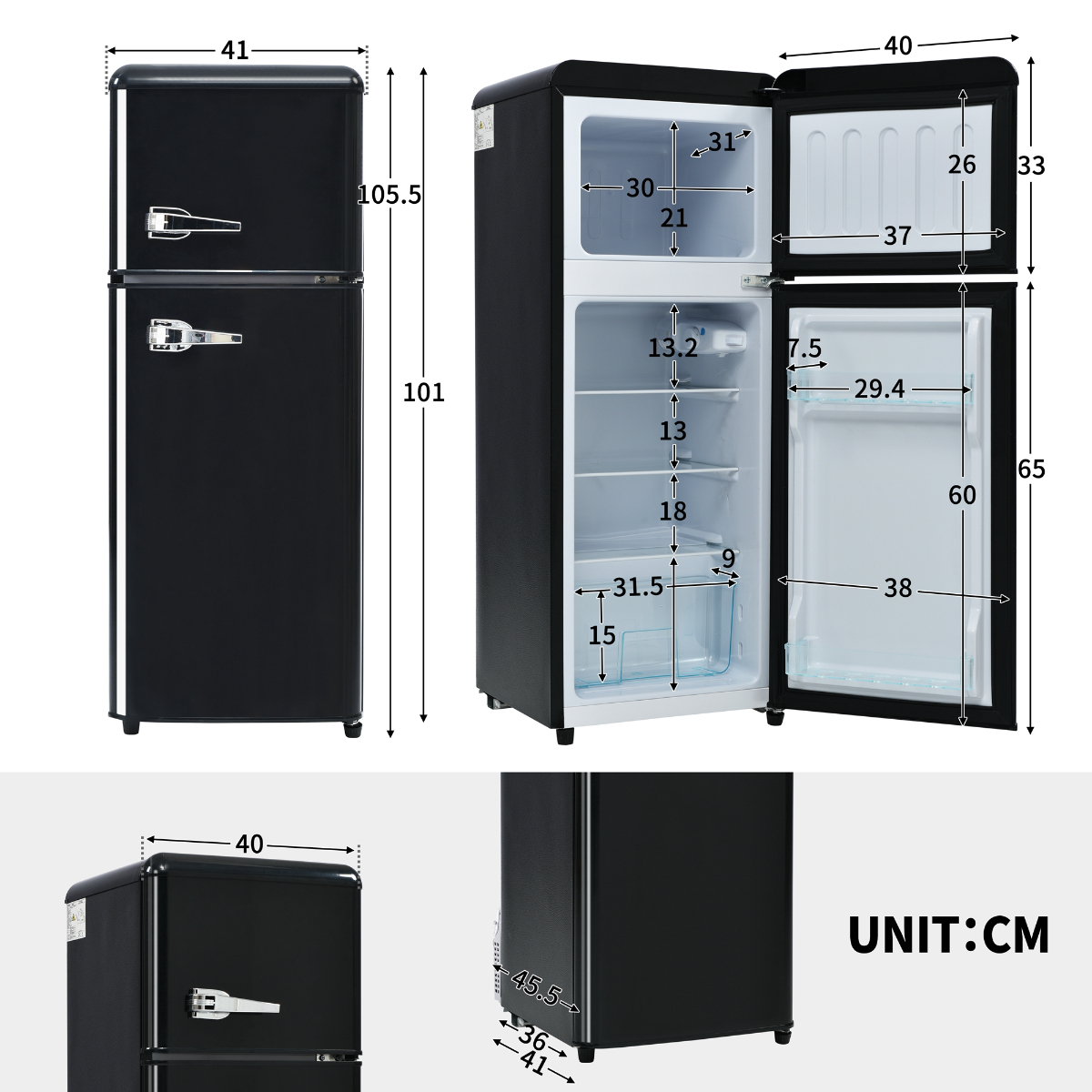 Schwarzer Retro-Kühlschrank mit Maßen in cm. Ober- und Unterteil. Geöffnete Tür zeigt Innenraum.