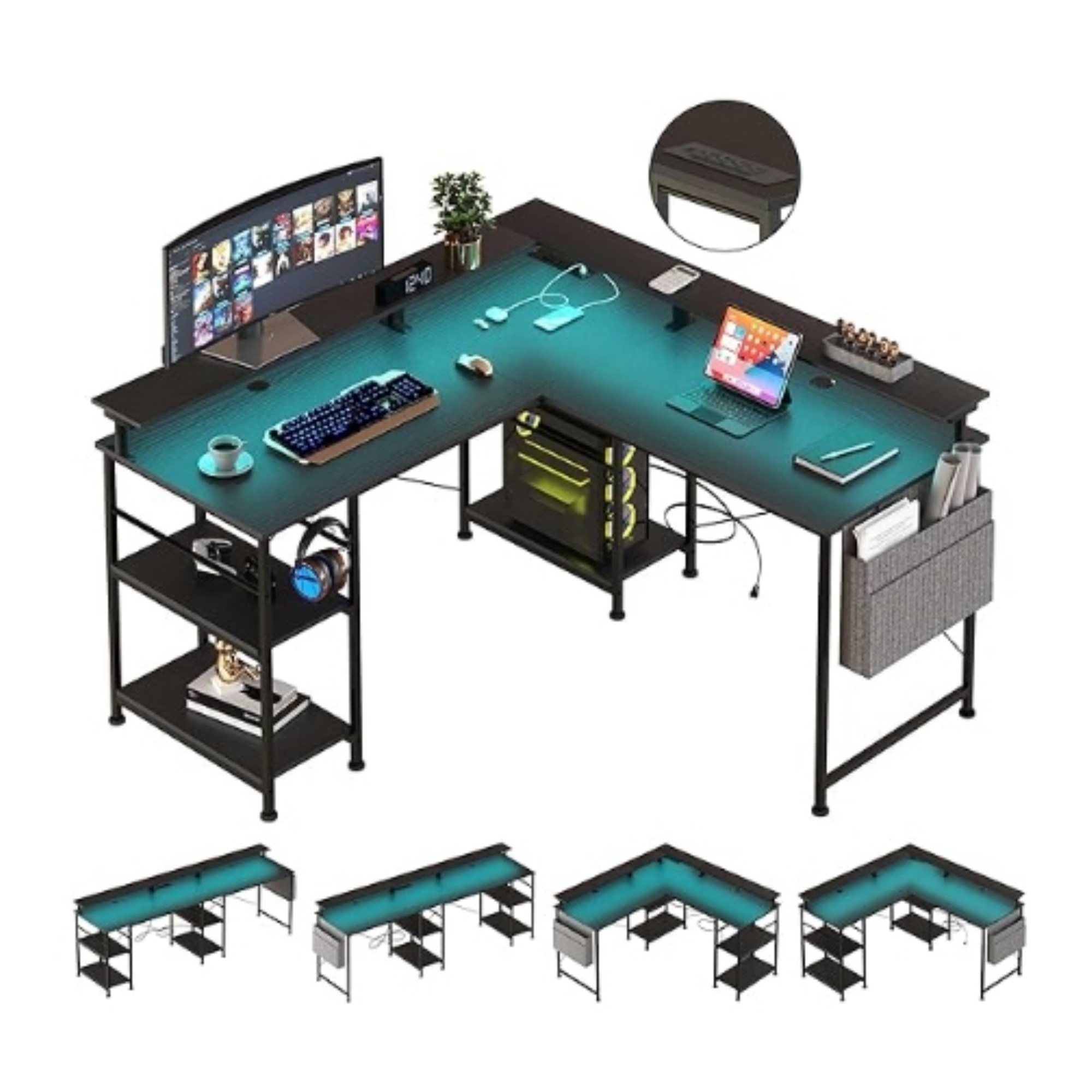 L-förmiger Gaming-Schreibtisch mit Monitor, Tastatur, PC-Tower und anderem Zubehör. Mehrere Ansichten.