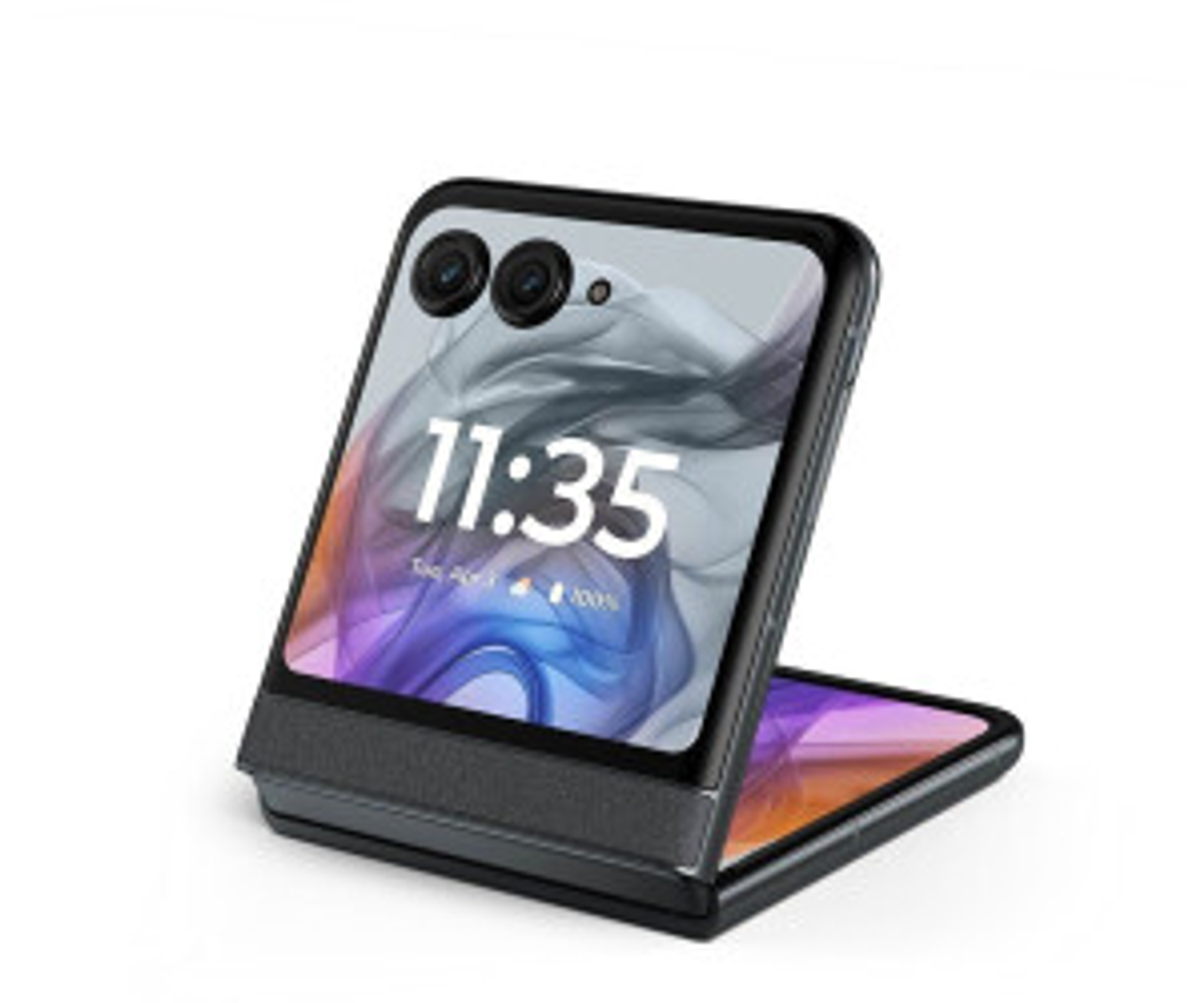 Składany smartfon, częściowo otwarty. Wyświetlacz pokazuje czas i aplikacje. Czarny i szary.