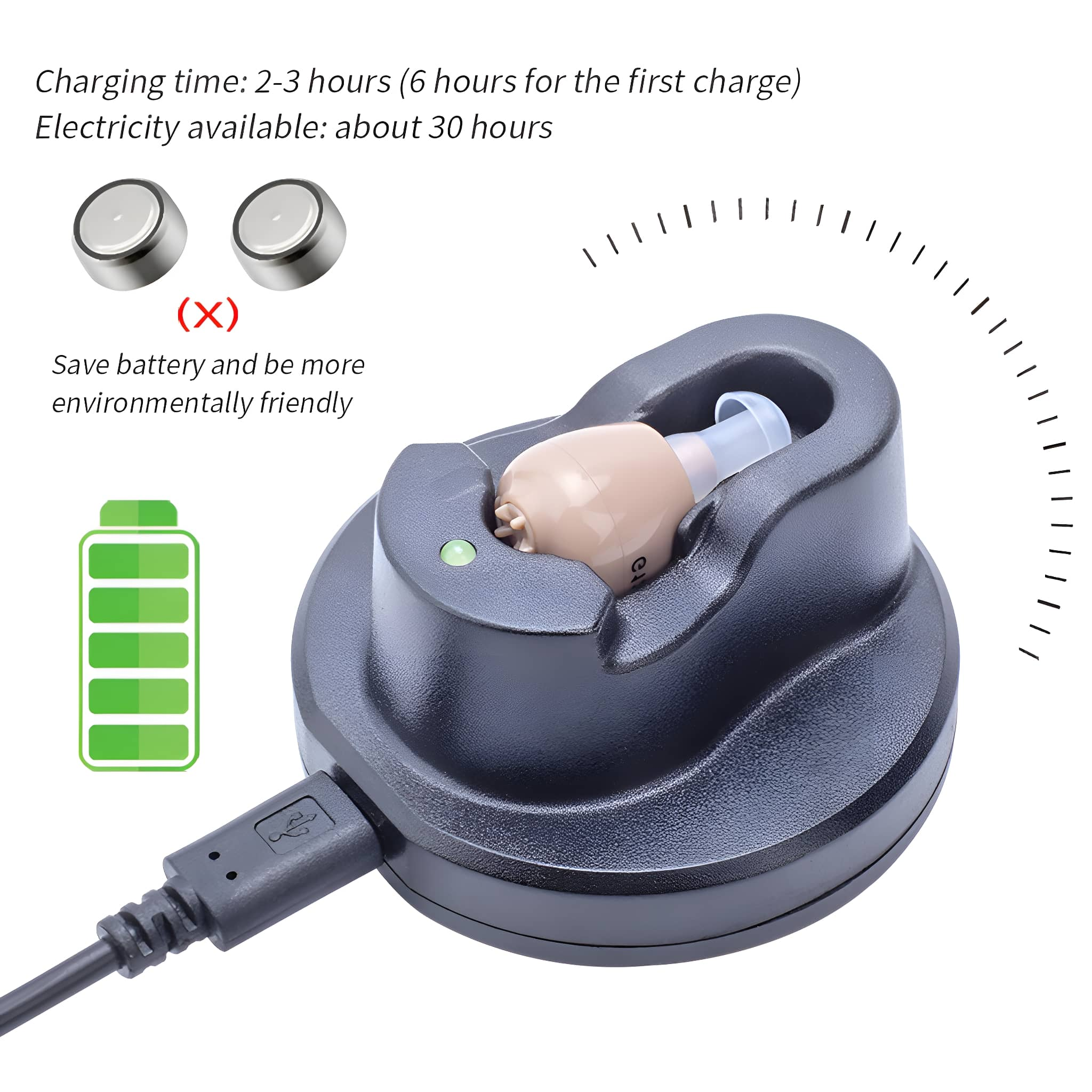 Ladestation mit Hörgerät. Zwei Batterien und Infos zur Ladezeit.