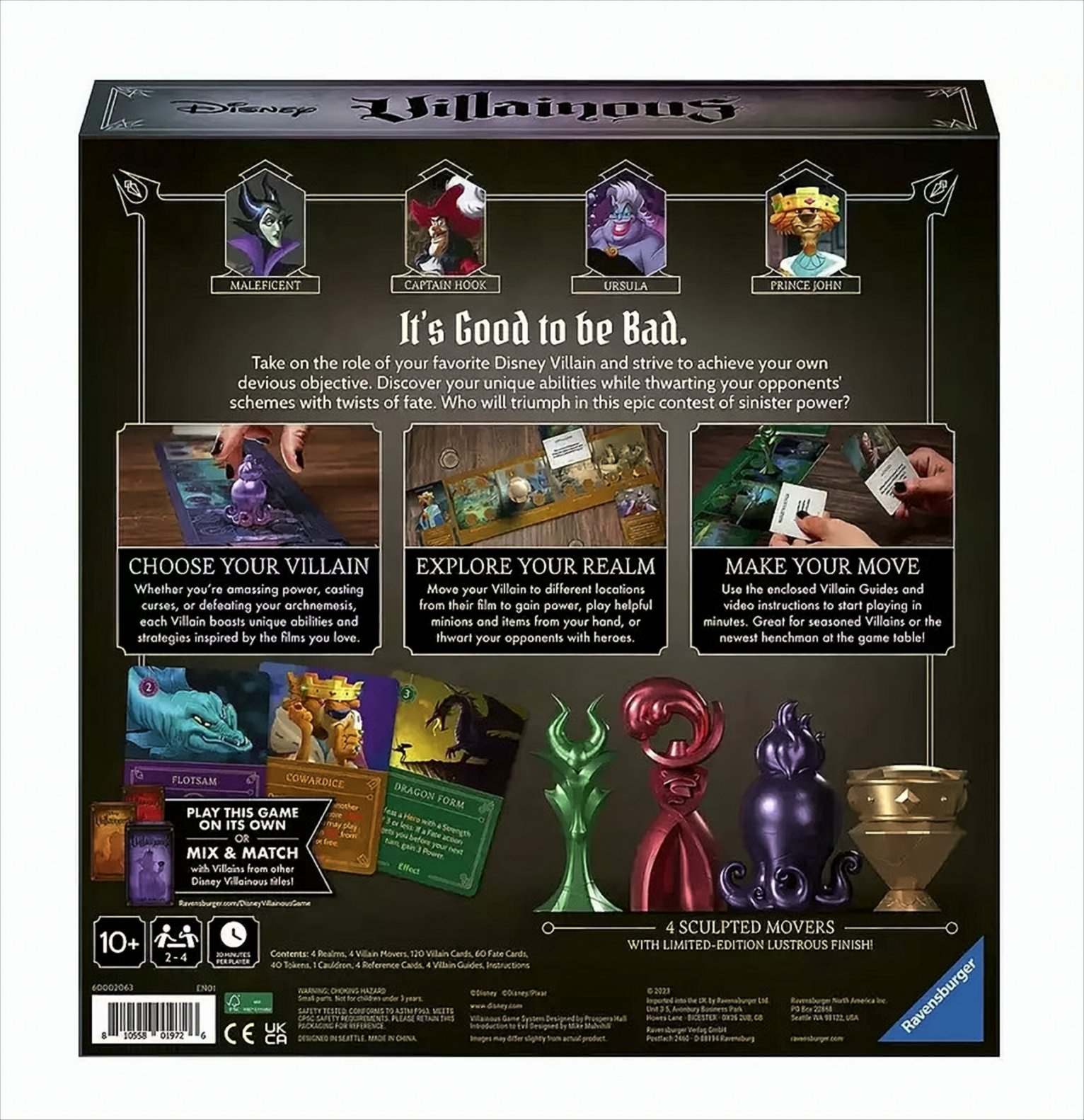 Schachtel Brettspiel, Disney Villainous, mit Spielsteinen und Charakteren.