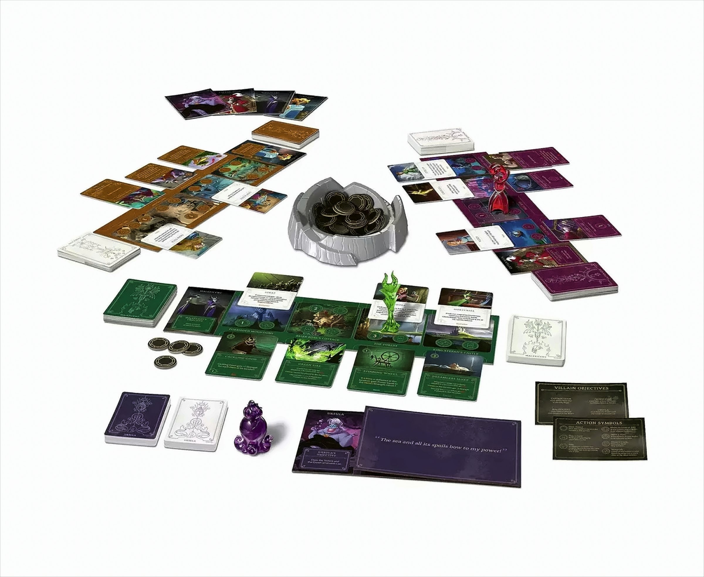 Brettspiel mit Karten, Spielsteinen und einem Behälter mit Münzen. Das Thema sind Disney-Bösewichte.