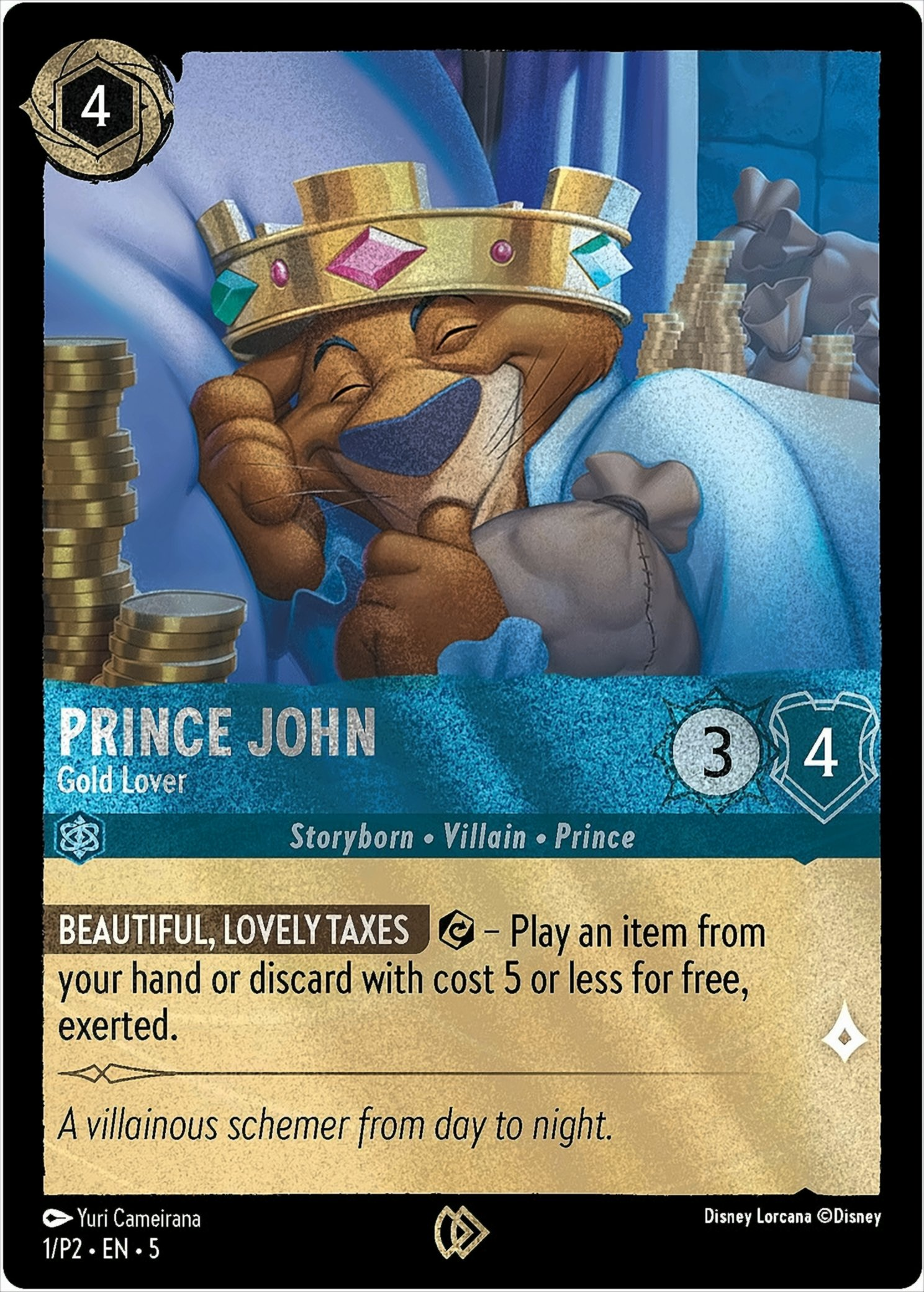 Eine Karte für Prinz John von Disney Lorcana. Sie enthält Kunstwerke, Werte und Textdetails.