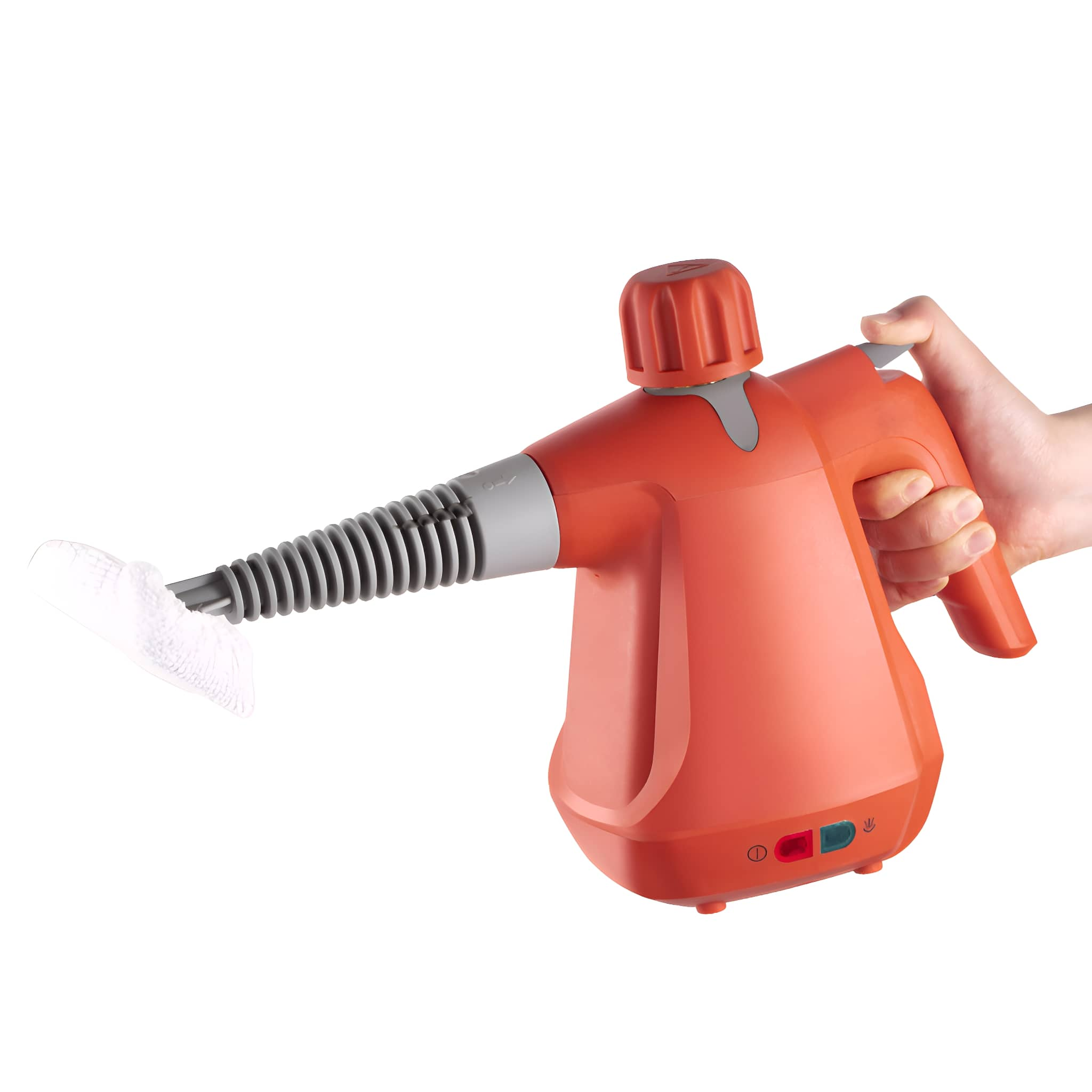 Ein orangefarbener Dampfreiniger, der von einer Hand gehalten wird. Die Düse ist ausgefahren.