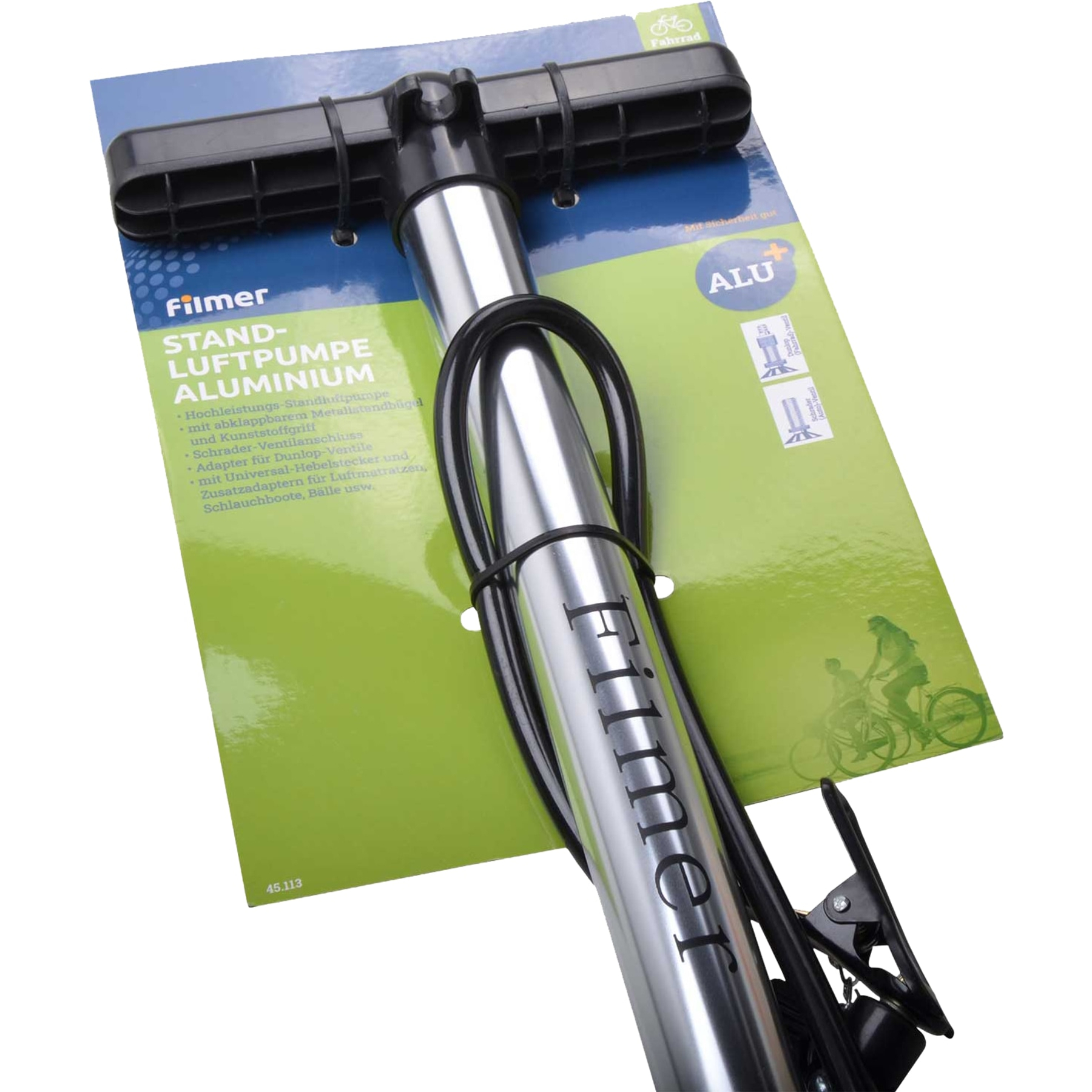 Fahrradpumpe auf einer Verpackung. Die Pumpe ist silber und schwarz. Der Hintergrund ist weiß.