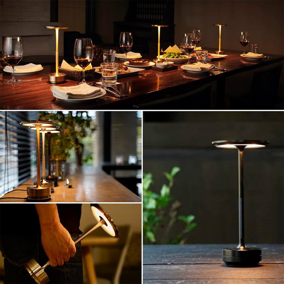 Tischlampen auf einem Tisch mit Essen und Getränken, mehrere Ansichten.