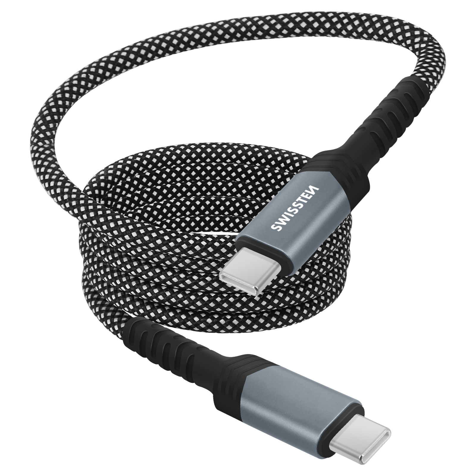 Cavo USB-C bianco e nero arrotolato. Il cavo ha una spina grigia con il marchio.
