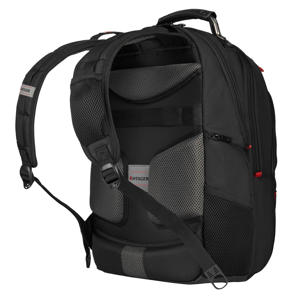 Schwarzer Rucksack, Seitenansicht, mit Wenger-Logo und Mesh-Rückenpolsterung.