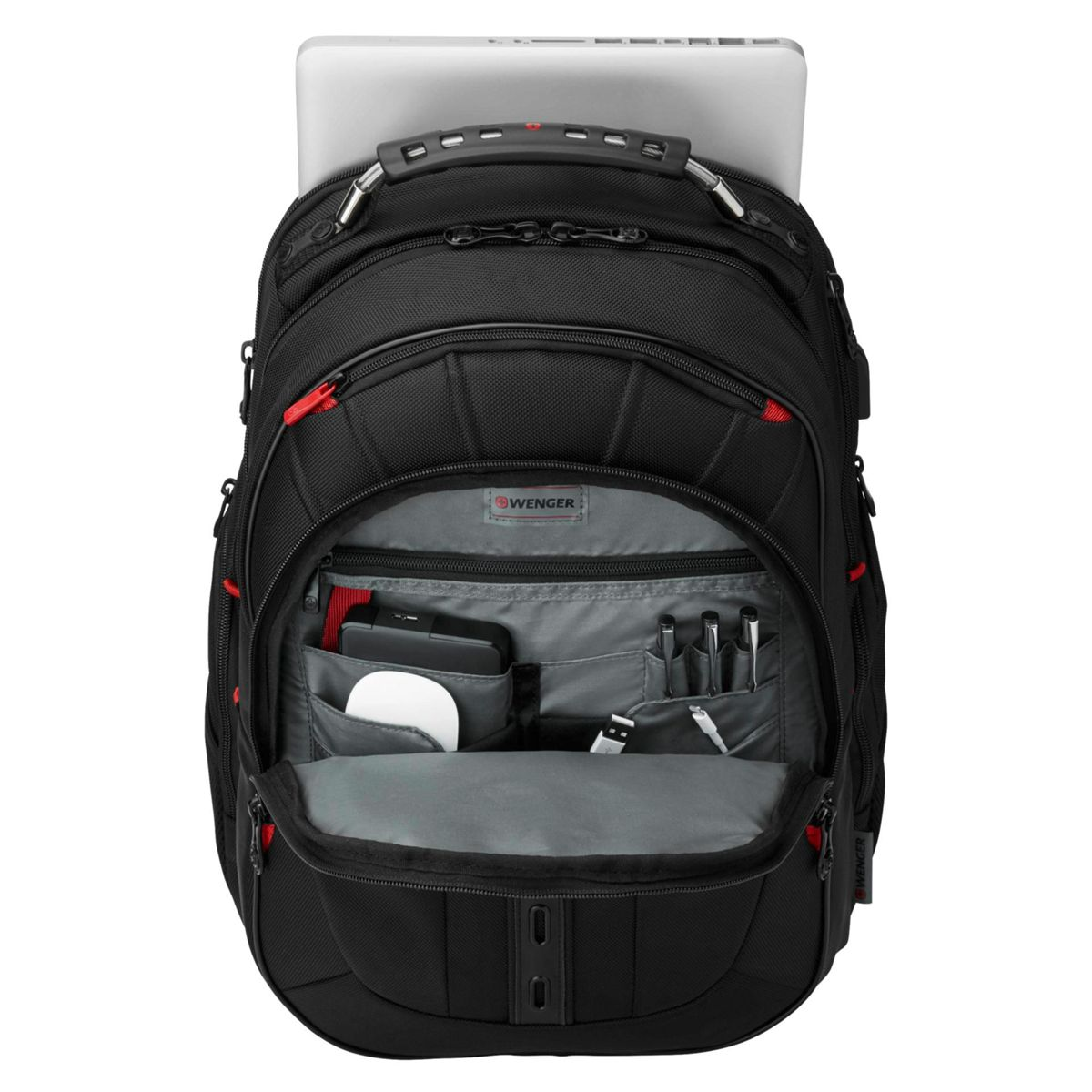 Schwarzer Rucksack geöffnet, mit Laptop, Stiften und anderen Gegenständen in Fächern.