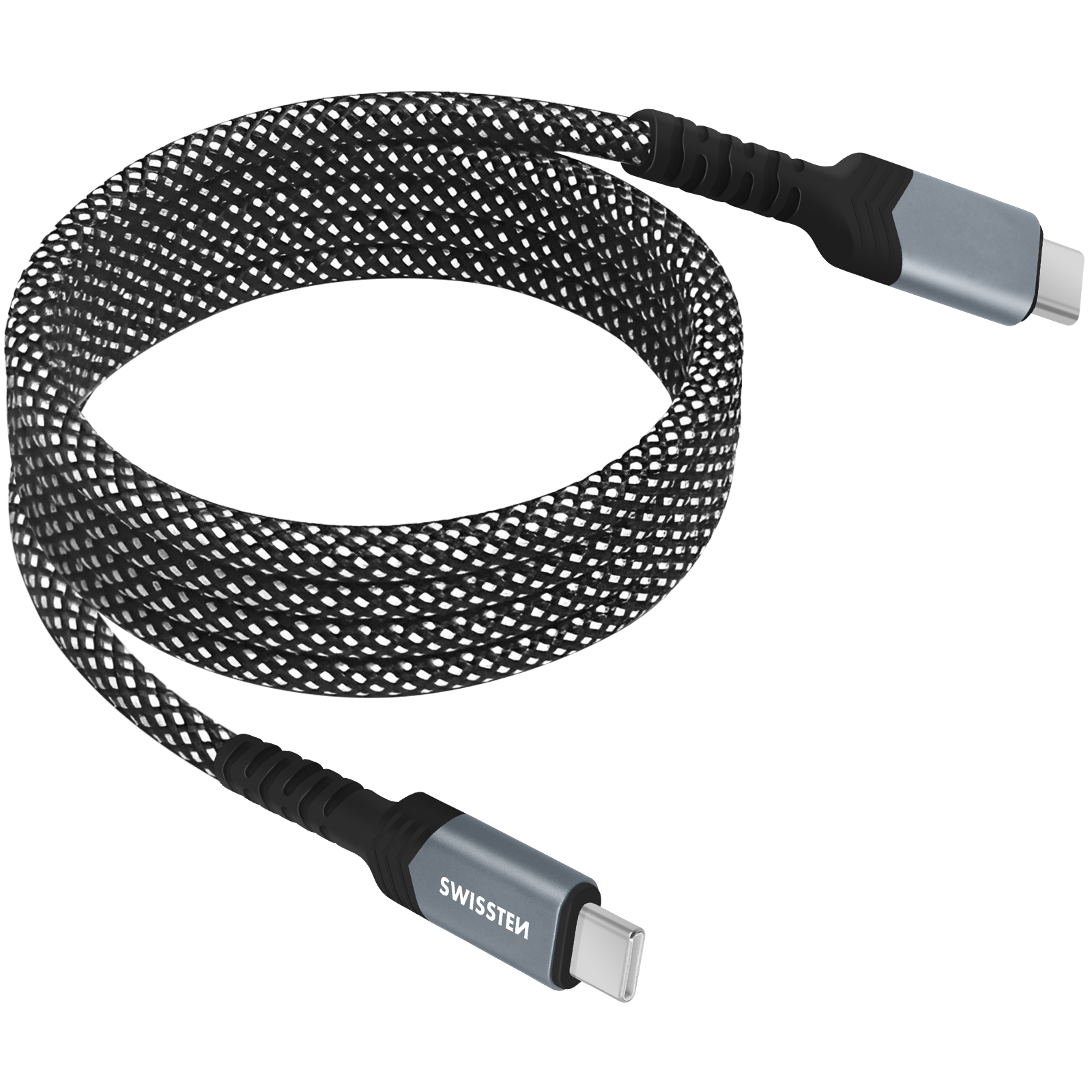 Cavo USB-C con motivo bianco e nero. Due connettori grigi a ciascuna estremità.