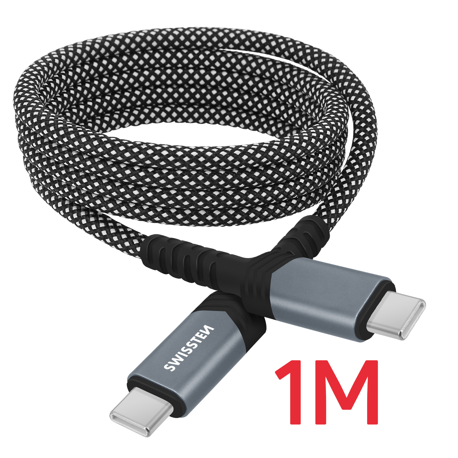 Cavo intrecciato bianco e nero con connettori USB-C grigi. Etichetta rossa '1M'.