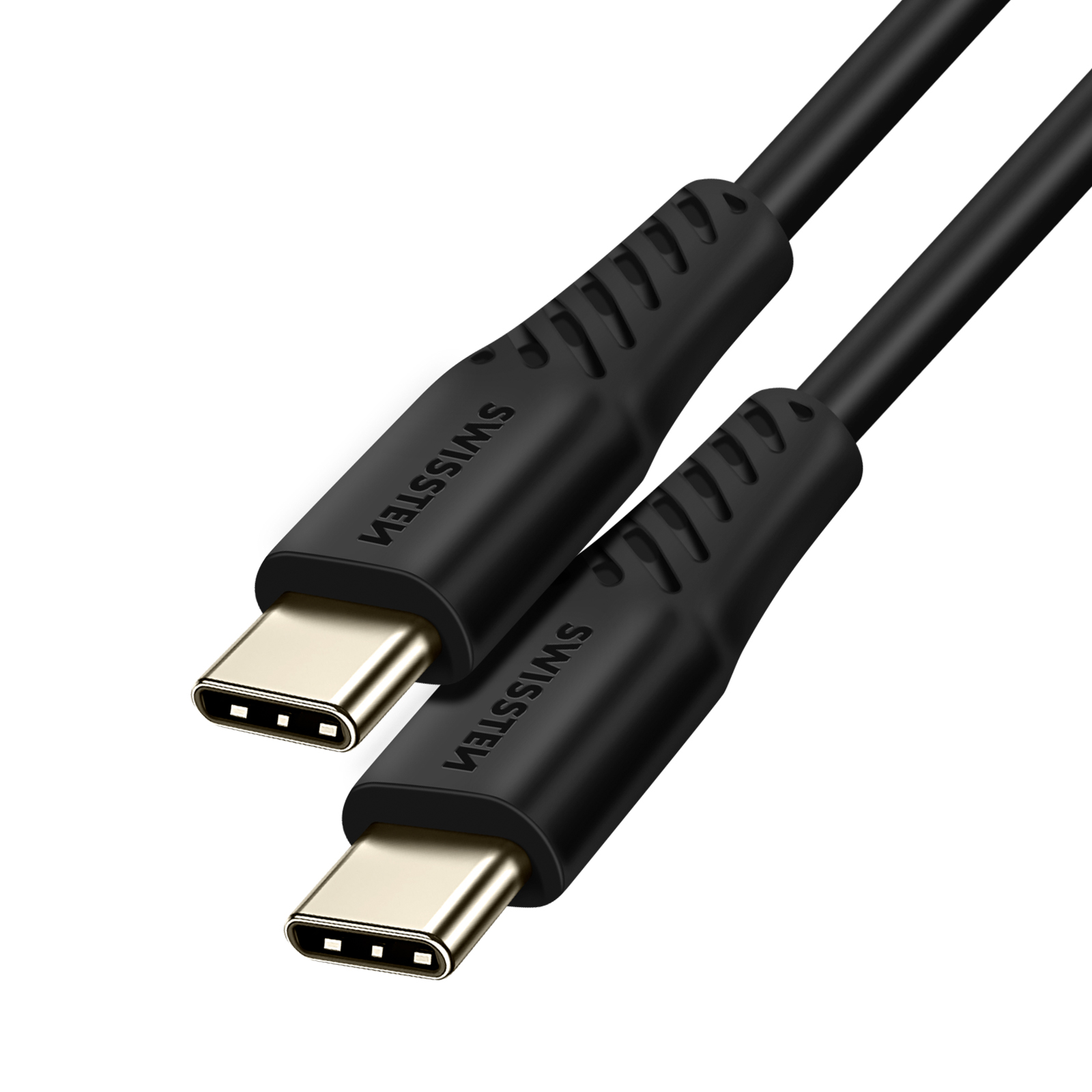 Due cavi USB-C neri, angolati, con connettori color oro. Marchio 'SWISSTEN' sui cavi.