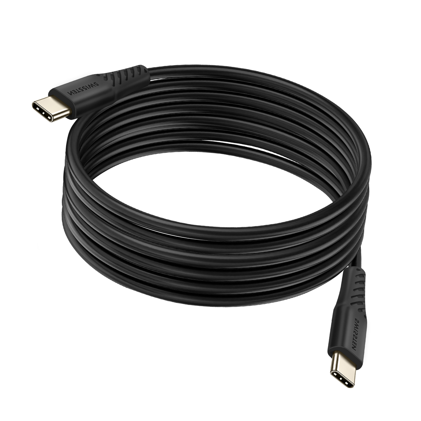 Cavo USB-C nero, arrotolato, con connettori ad ogni estremità, su sfondo bianco.