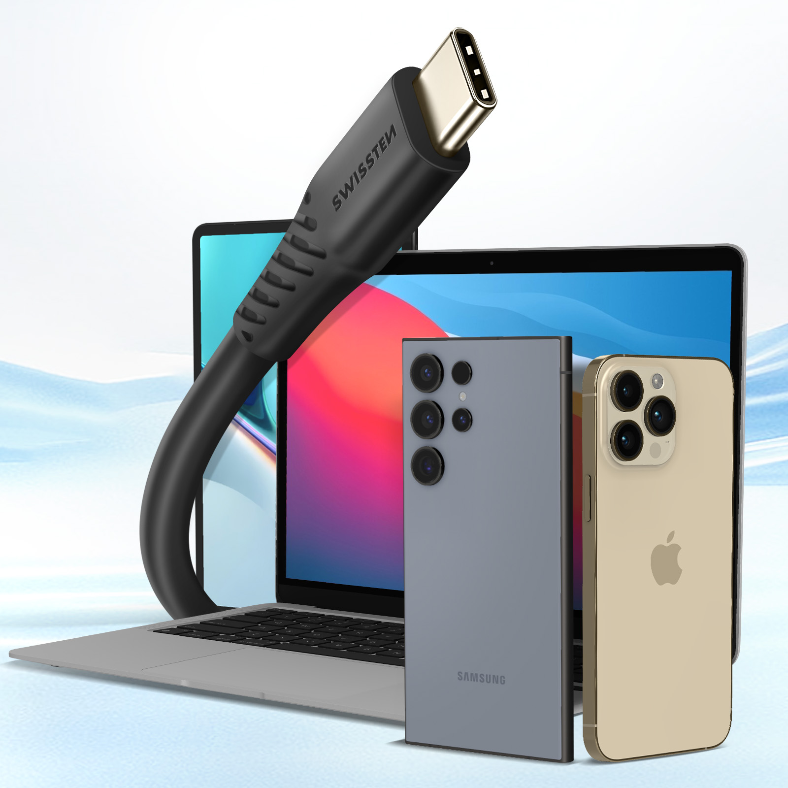 Un laptop, due smartphone e un cavo USB-C. I telefoni sono grigi e oro, e il cavo è nero.