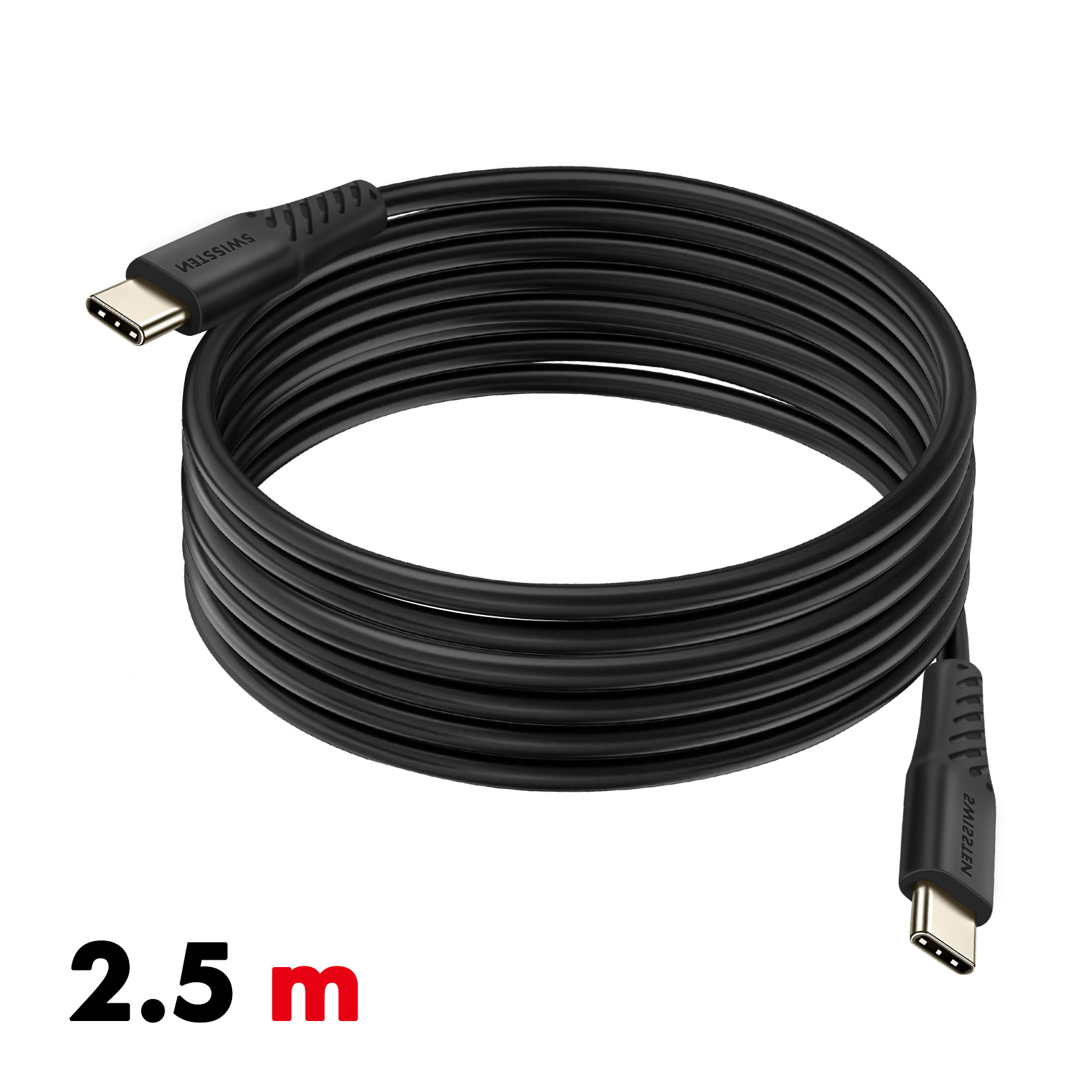 Un cavo USB-C nero, con testo 2,5 m in rosso. I connettori sono visibili ad ogni estremità.