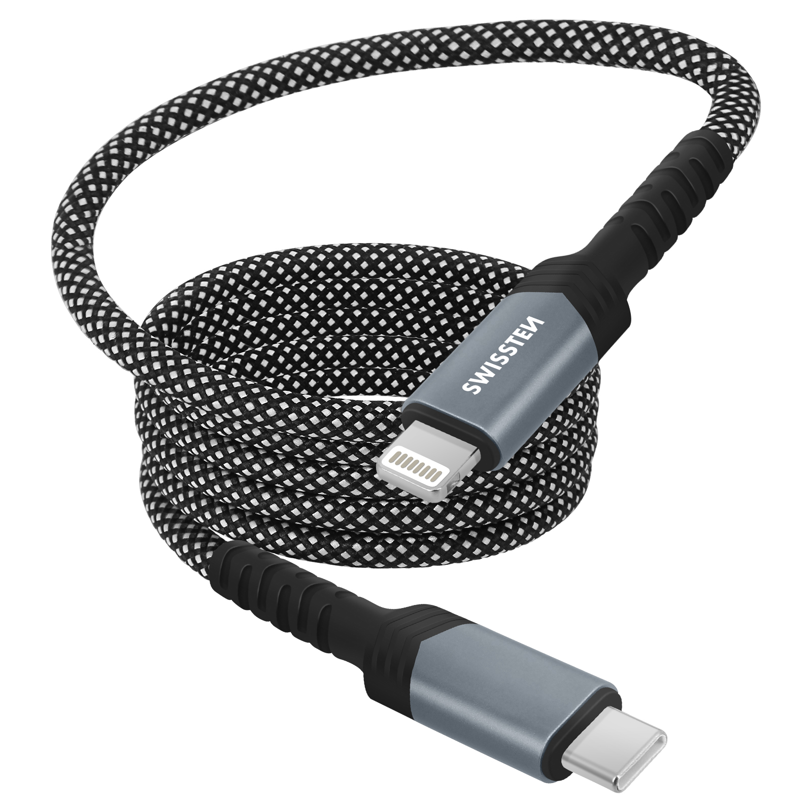 Cavo intrecciato bianco e nero, connettori USB-C e lightning. Teste grigie. Sfondo bianco.
