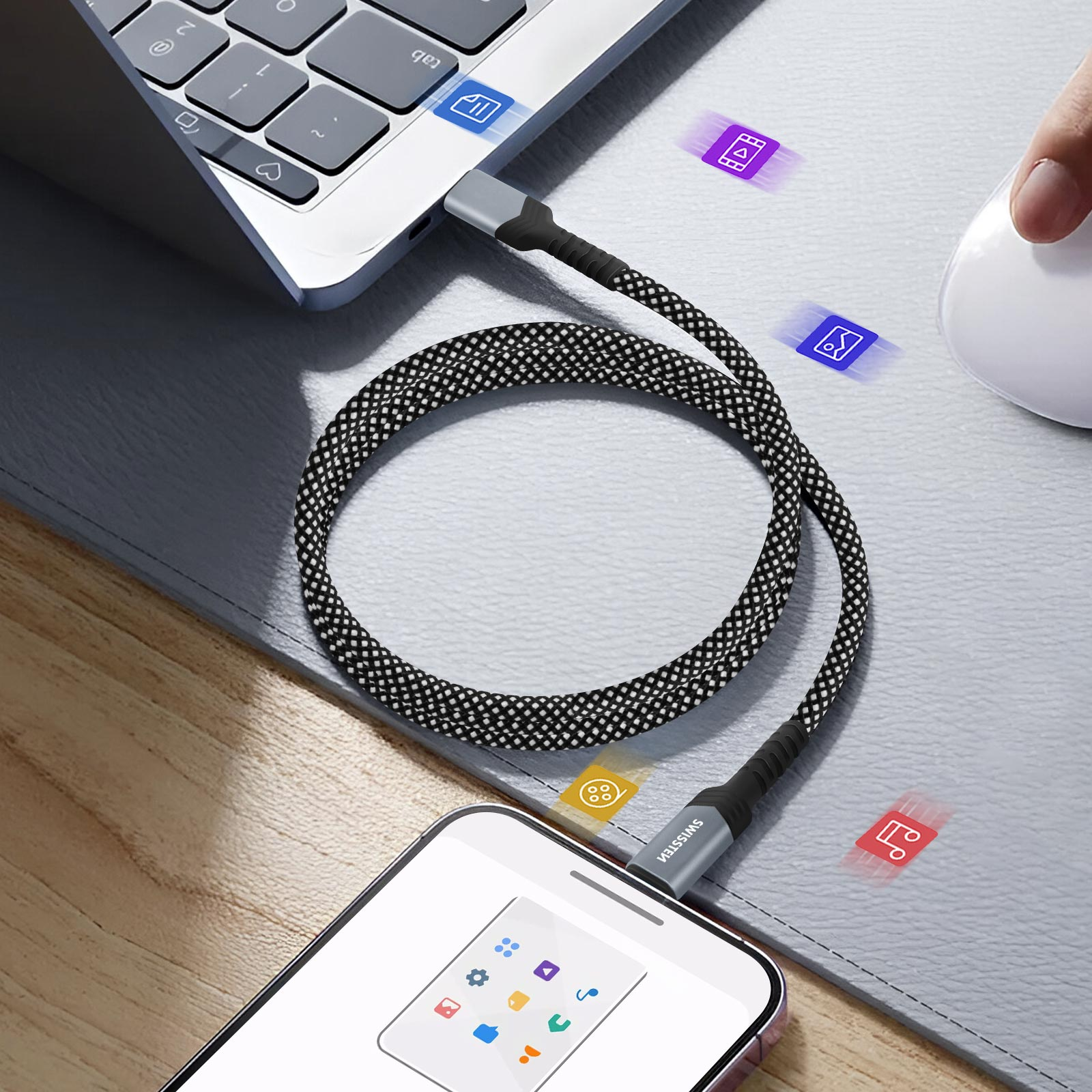 Un telefono è collegato a un laptop con un cavo USB-C. Le icone fluttuano sopra il cavo e lo schermo.