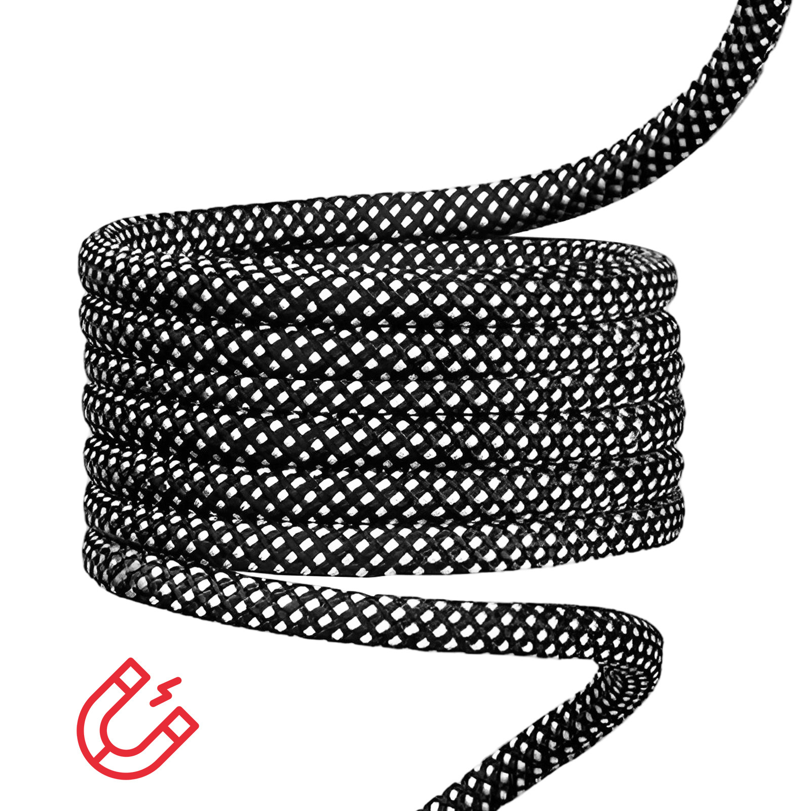 Cavo bianco e nero arrotolato con simbolo magnetico su sfondo bianco.
