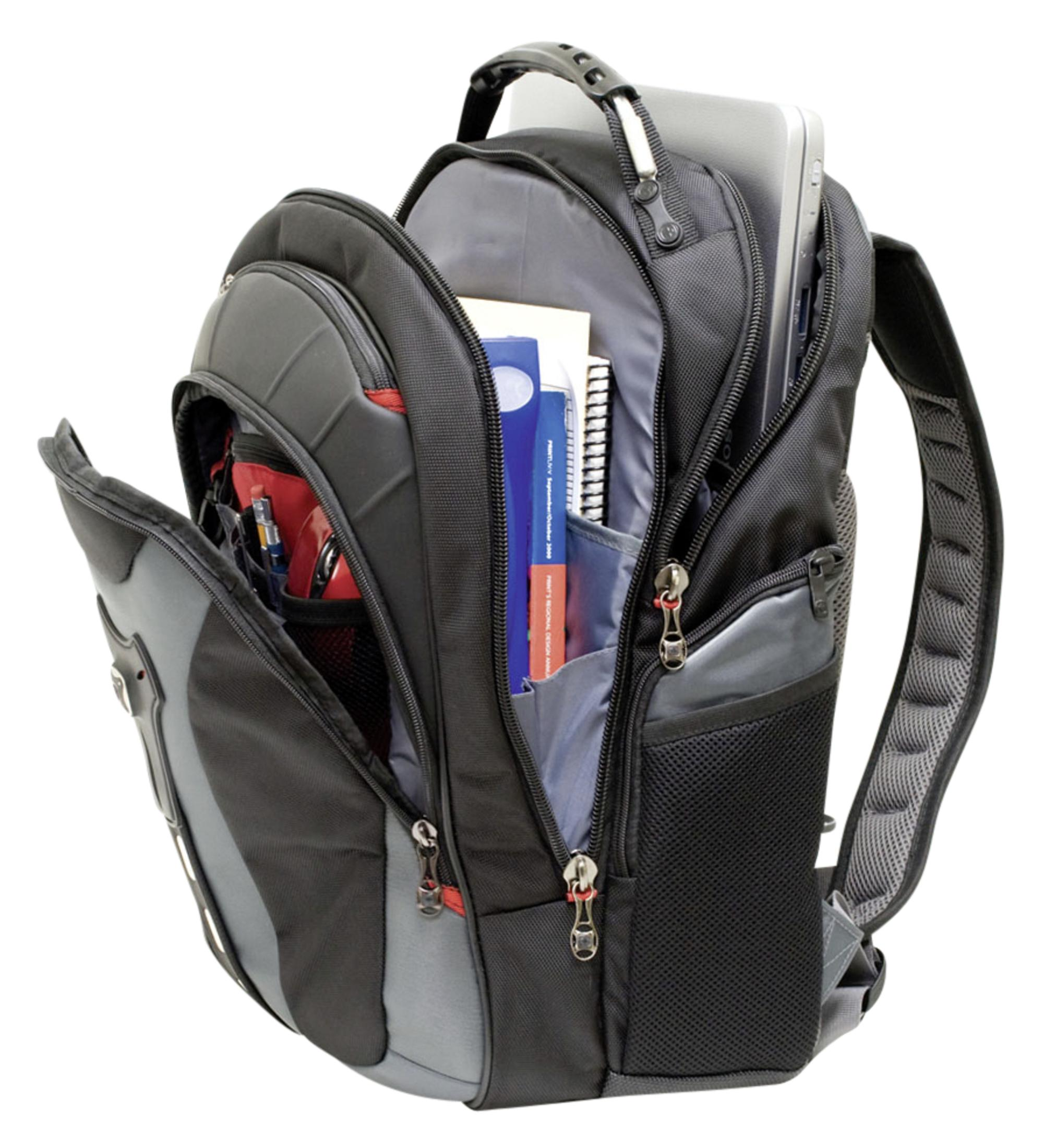 Sac à dos noir et gris ouvert, montrant ordinateur portable, livres et stylos.