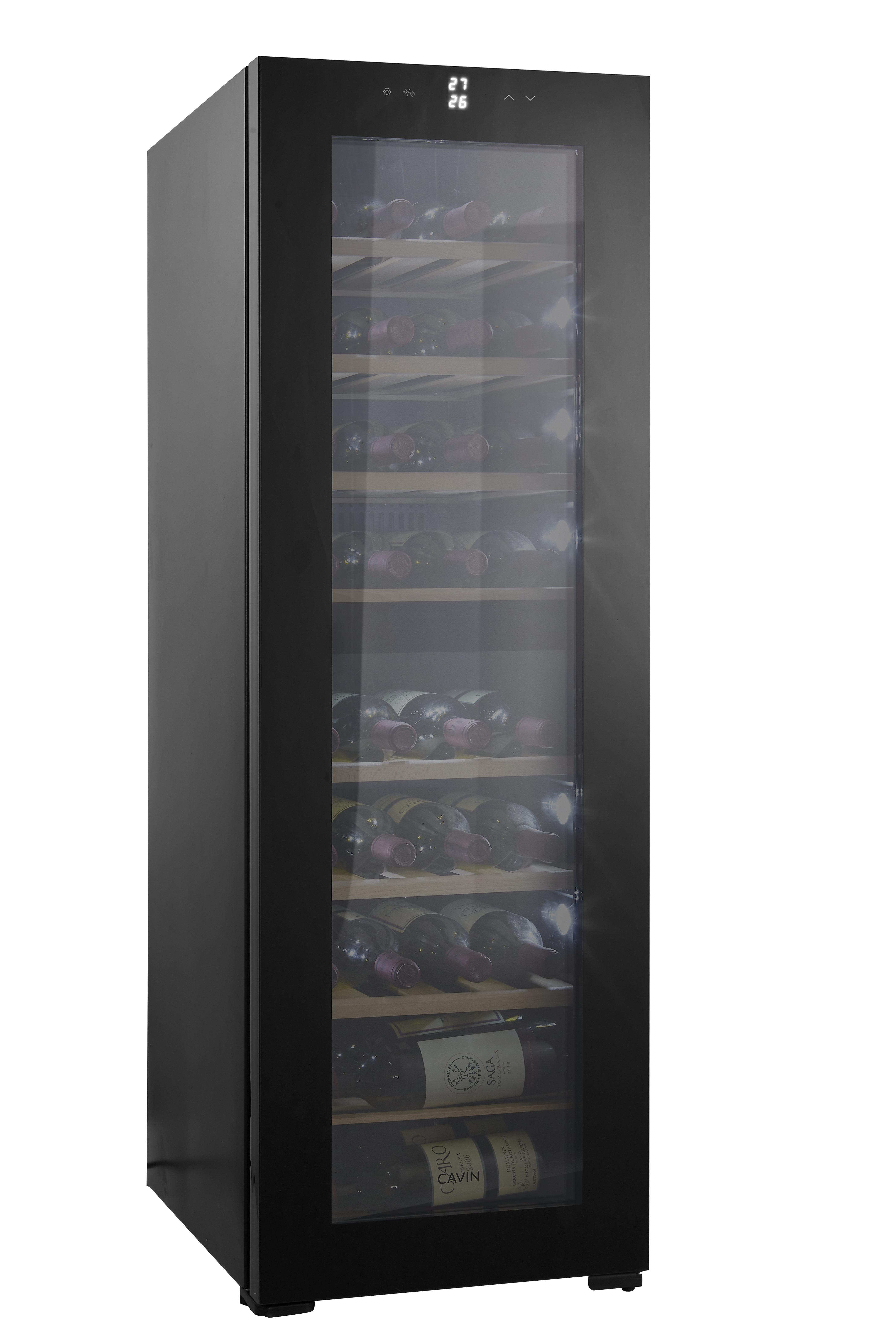 Ein schwarzer Weinkühler mit durch Glas sichtbaren Flaschen. Ein digitales Display befindet sich oben.
