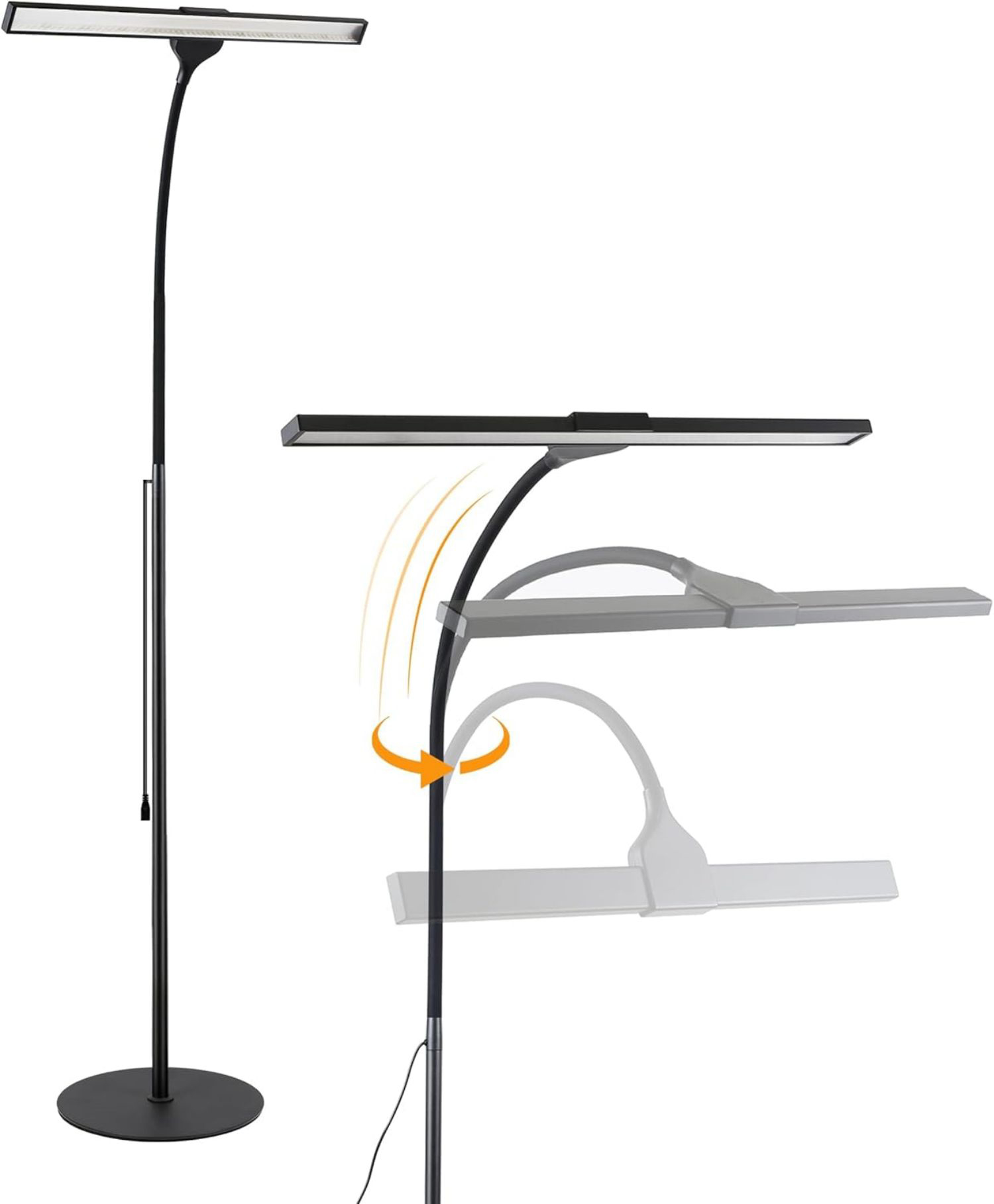 Czarno-srebrna lampa podłogowa, z regulowaną głowicą, pokazująca zakres ruchu.