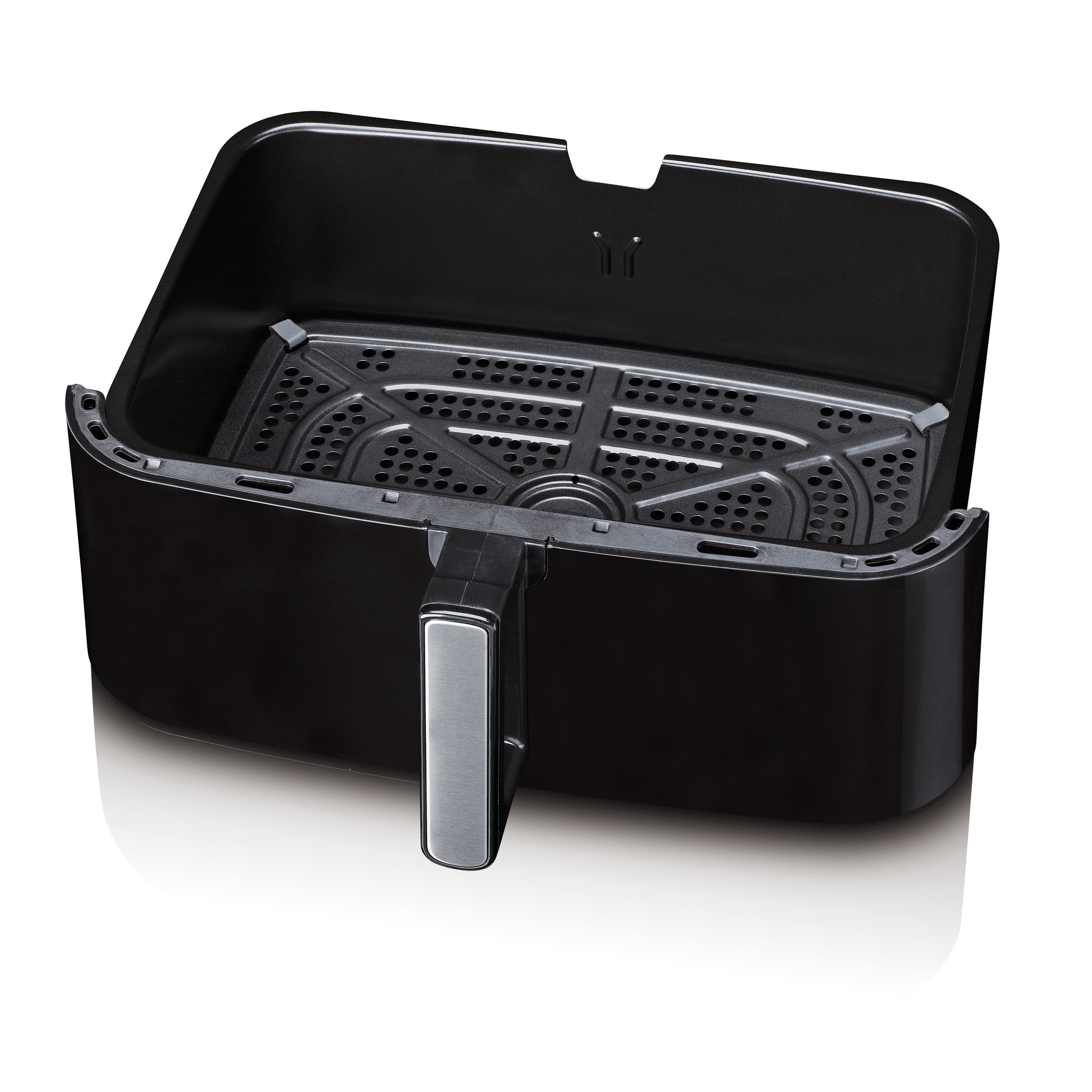 Schwarzer Airfryer-Korb mit Griff und Gitter, leer und einsatzbereit.