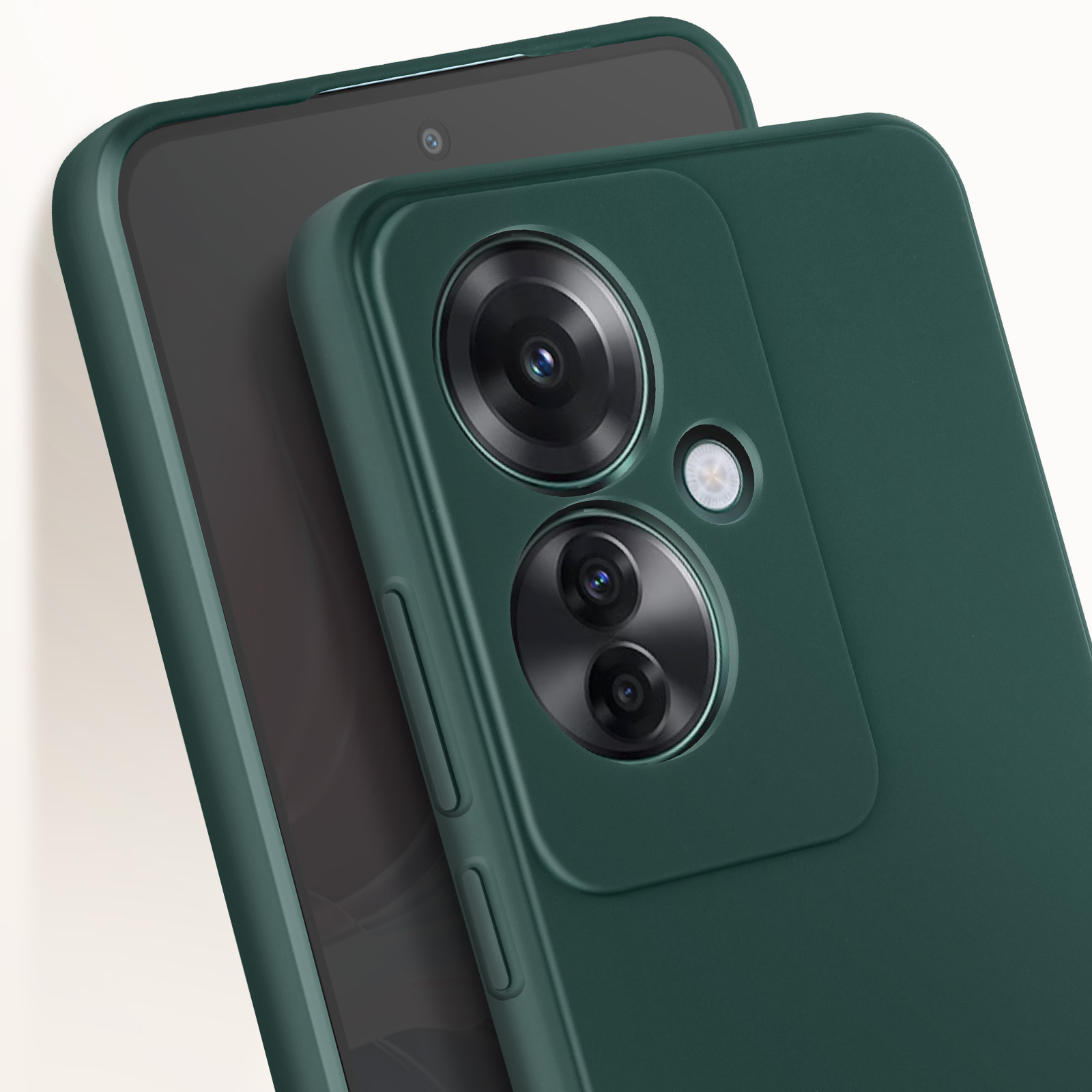 Custodia verde per telefono, vista ravvicinata, su una superficie, con obiettivo della fotocamera visibile.