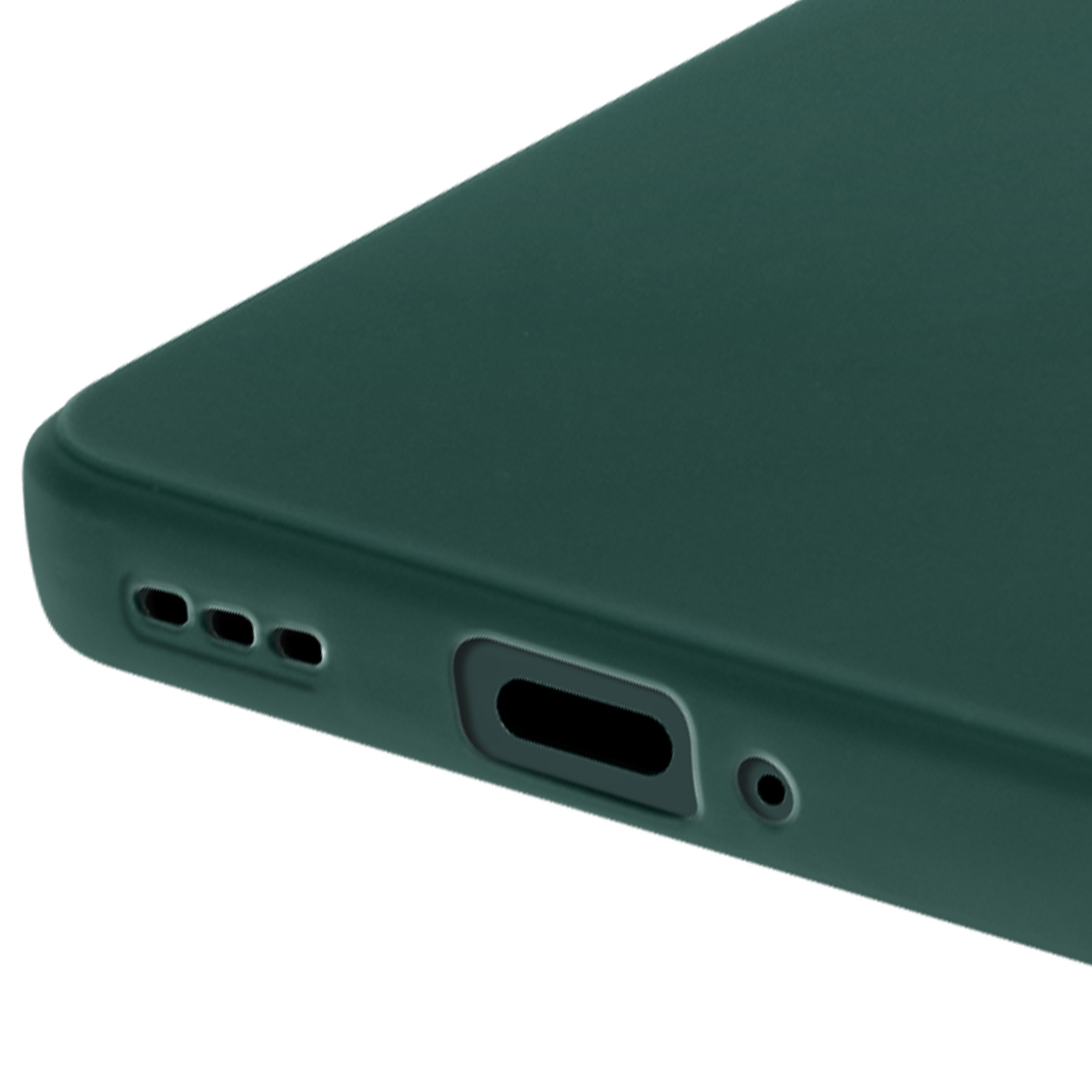 Primo piano della parte inferiore di un telefono verde scuro. Le porte sono visibili. Sfondo bianco.