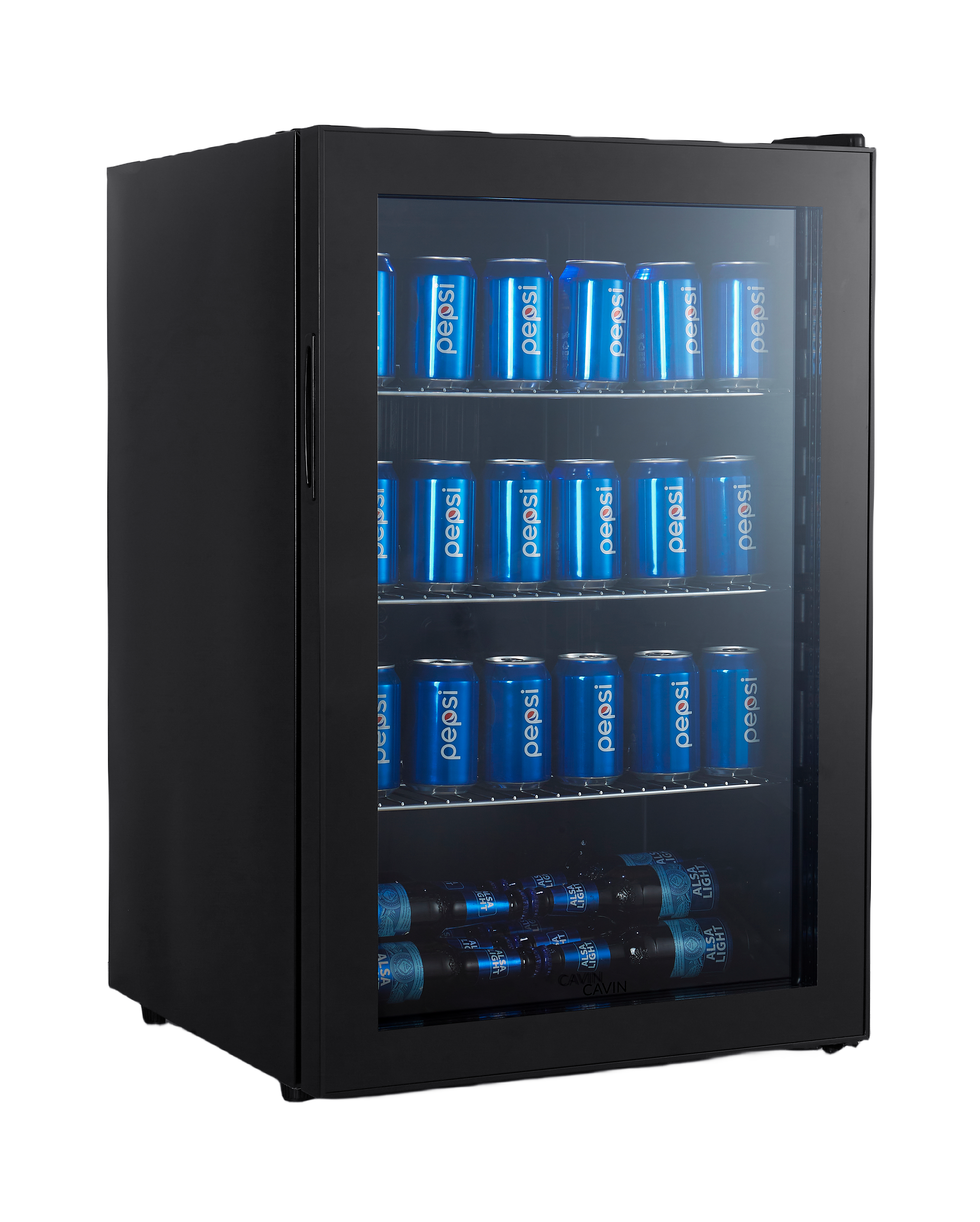 Schwarzer Mini-Kühlschrank mit Pepsi-Dosen darin. Der Hintergrund ist weiß.