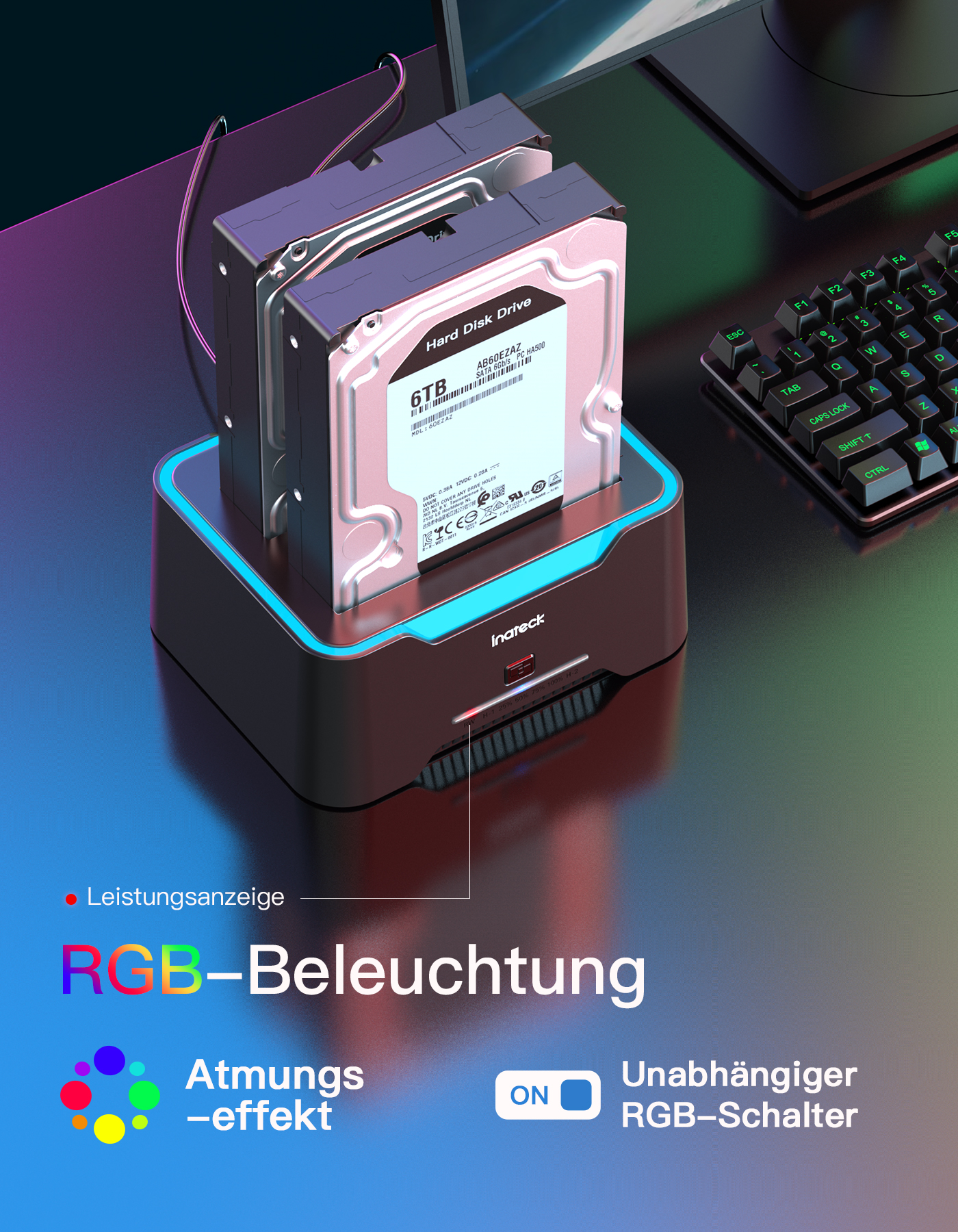 Festplatten-Dock mit zwei Laufwerken, beleuchtet mit RGB-Beleuchtung, auf einem Schreibtisch.