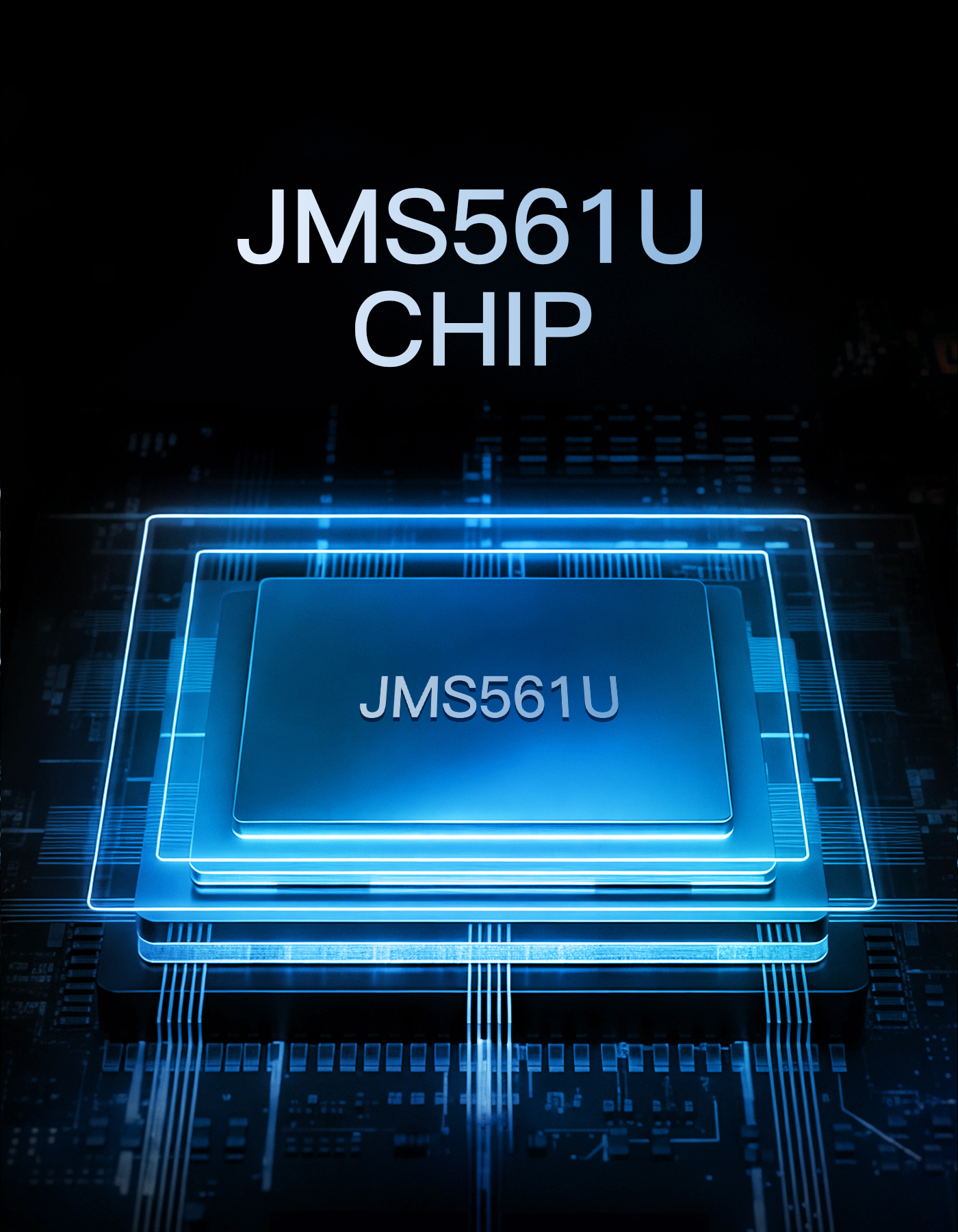 Nahaufnahme eines Mikrochips mit der Bezeichnung JMS561U CHIP, mit blauem Design.