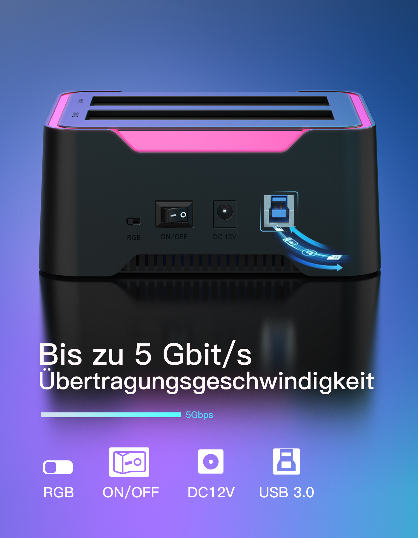 Schwarzes und blaues elektronisches Gerät mit USB- und Stromeingängen. Text: 5 Gbit/s Übertragung.