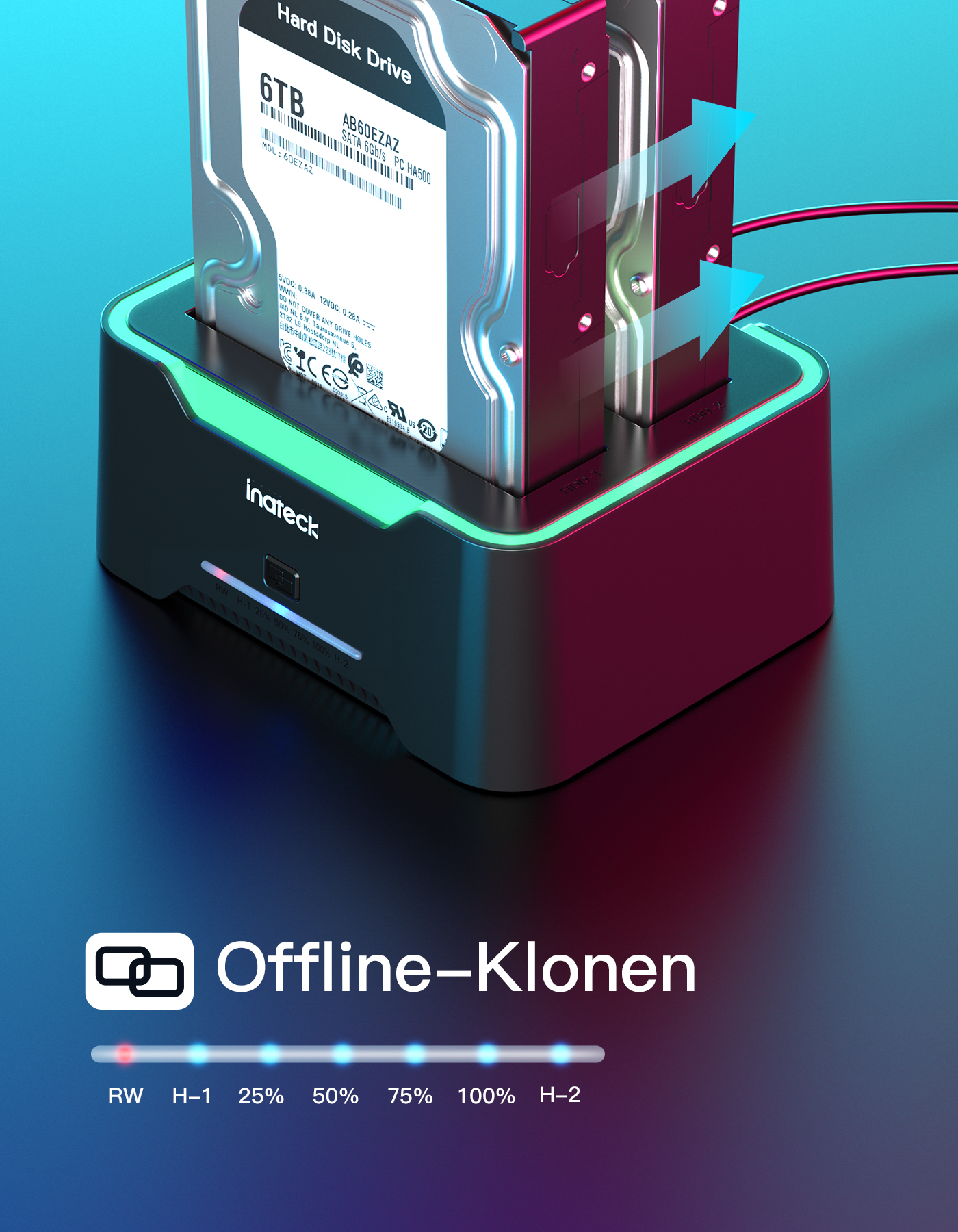 Festplatten in einer Dockingstation mit Pfeilen, schwarz und rot. Text lautet 'Offline-Klone'.