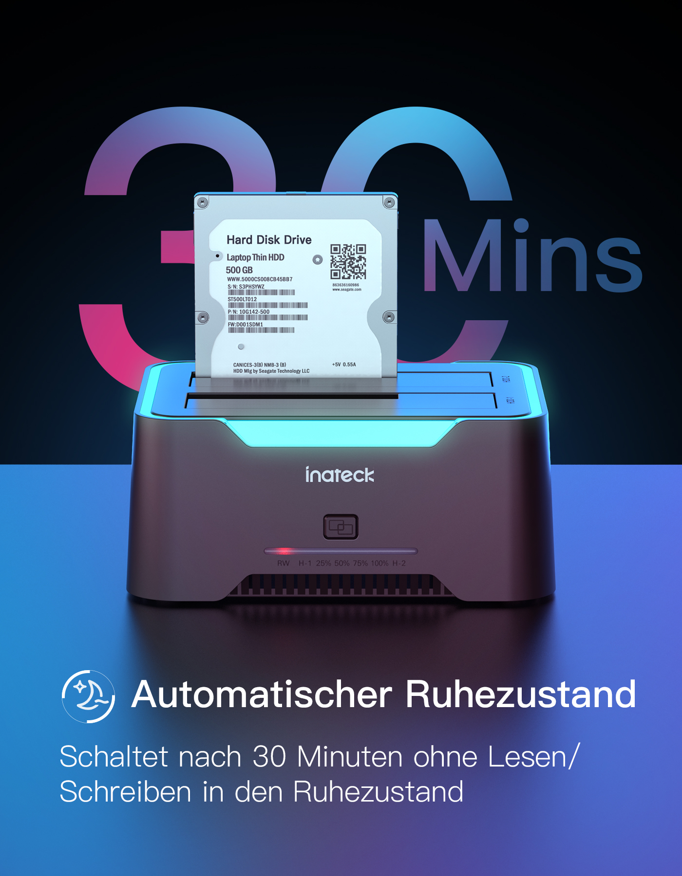 Silber-blaue Festplatten-Dockingstation mit eingelegter Festplatte, Text- und Grafik-Overlay.