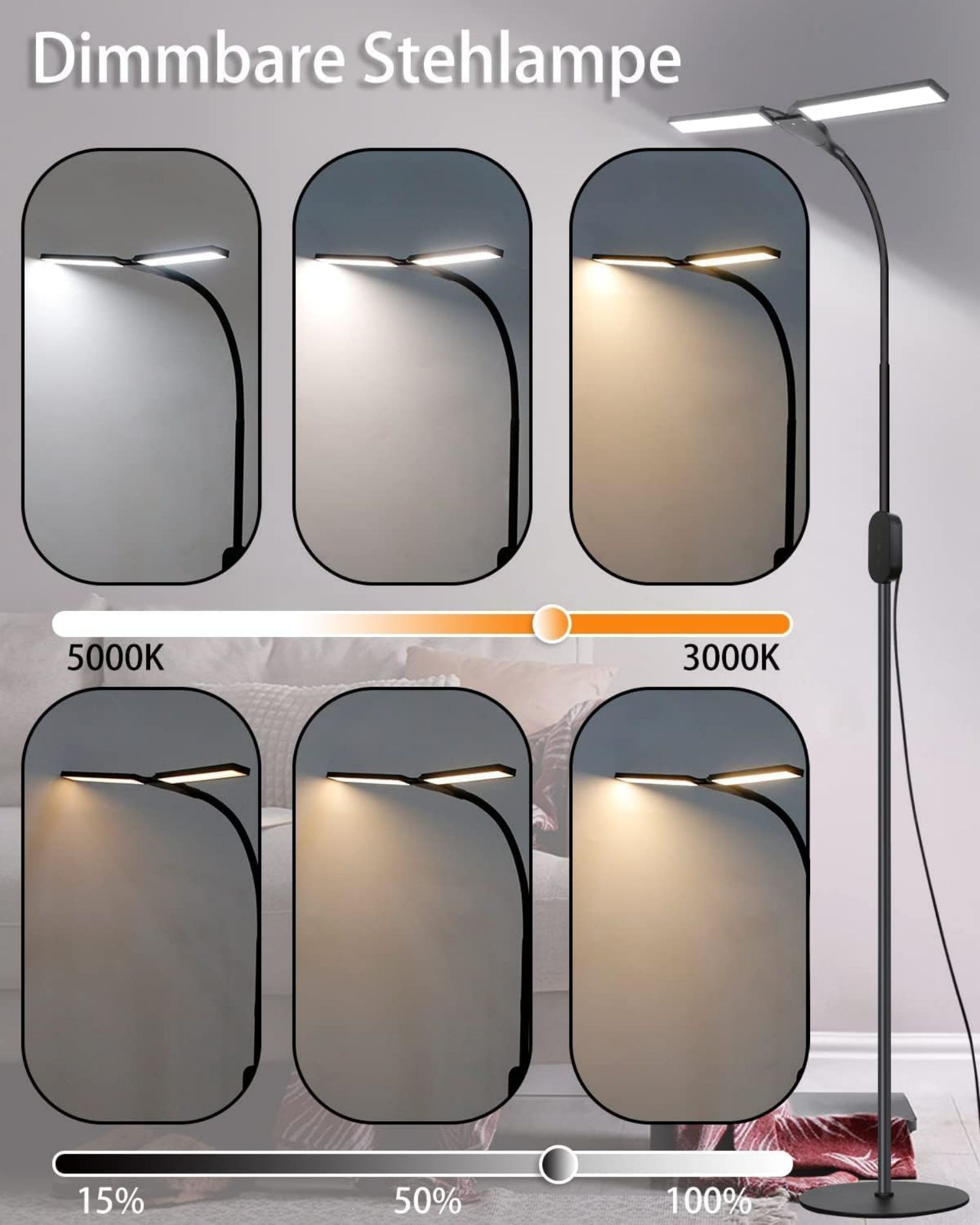 Czarna lampa podłogowa z regulowanymi głowicami świetlnymi, pokazująca różne poziomy jasności.