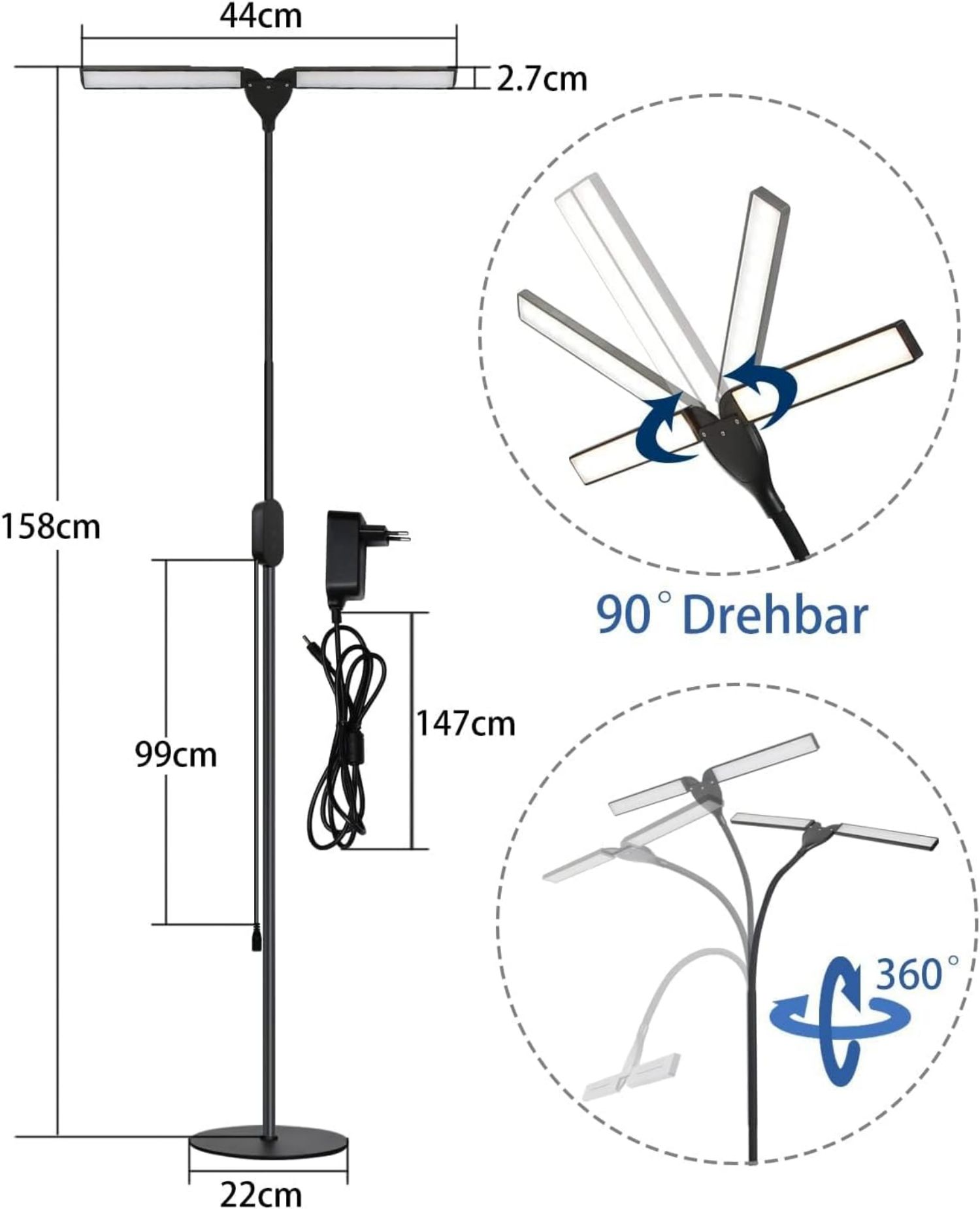 Czarna lampa podłogowa z dwoma regulowanymi głowicami świetlnymi i zasilaczem, wymiary w cm.