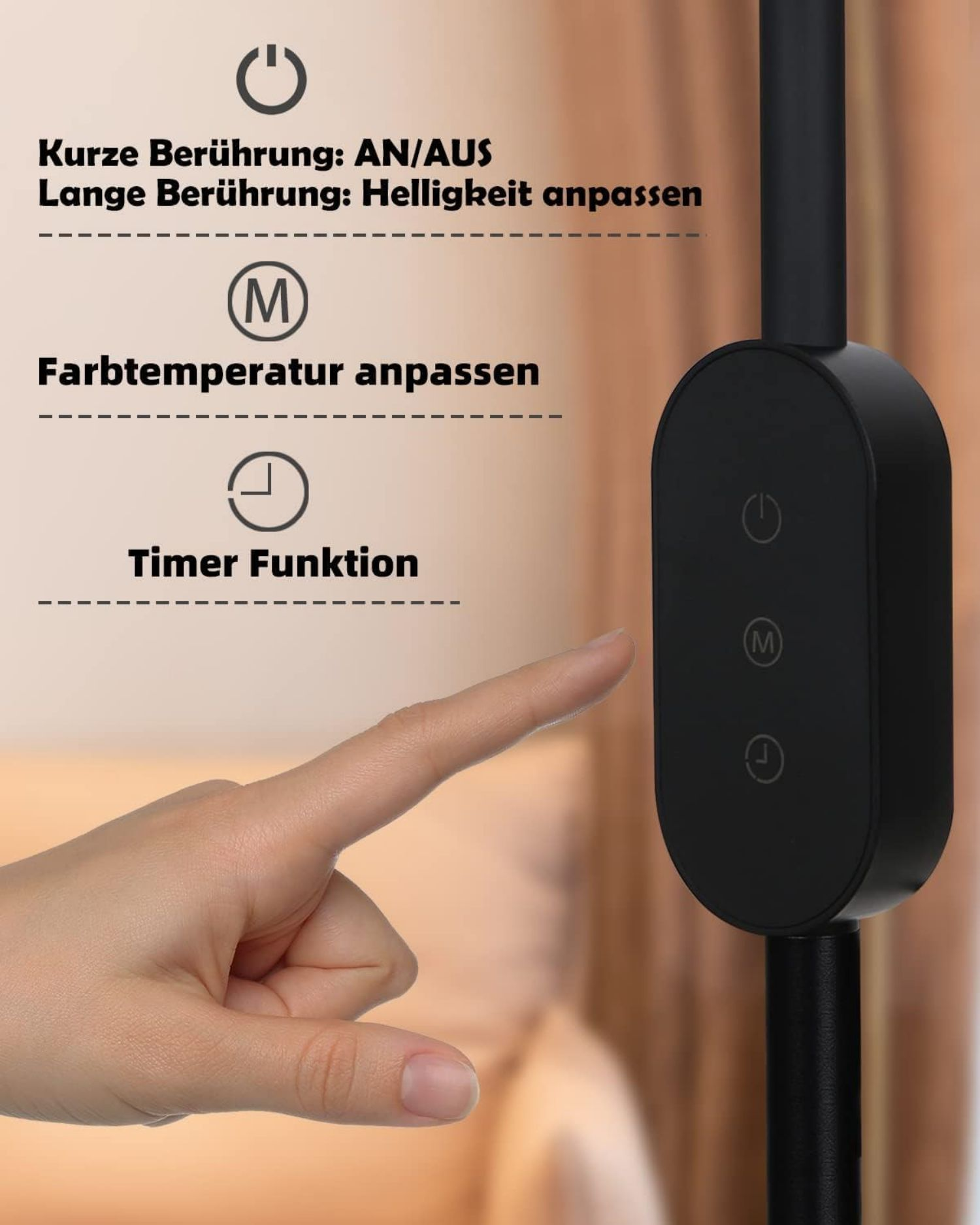 Dłoń wchodząca w interakcję z panelem sterowania na czarnej lampie, z etykietami tekstowymi.