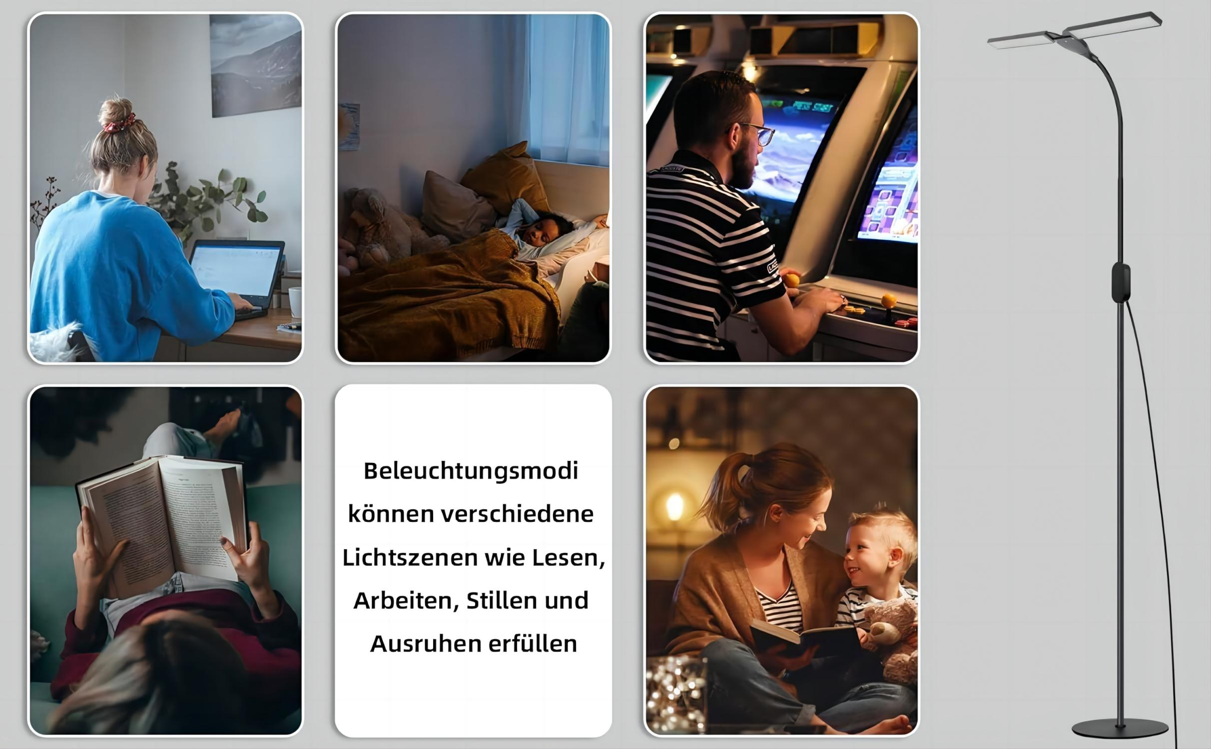 Kolaż osób używających różnych trybów oświetlenia, w tym czytania.