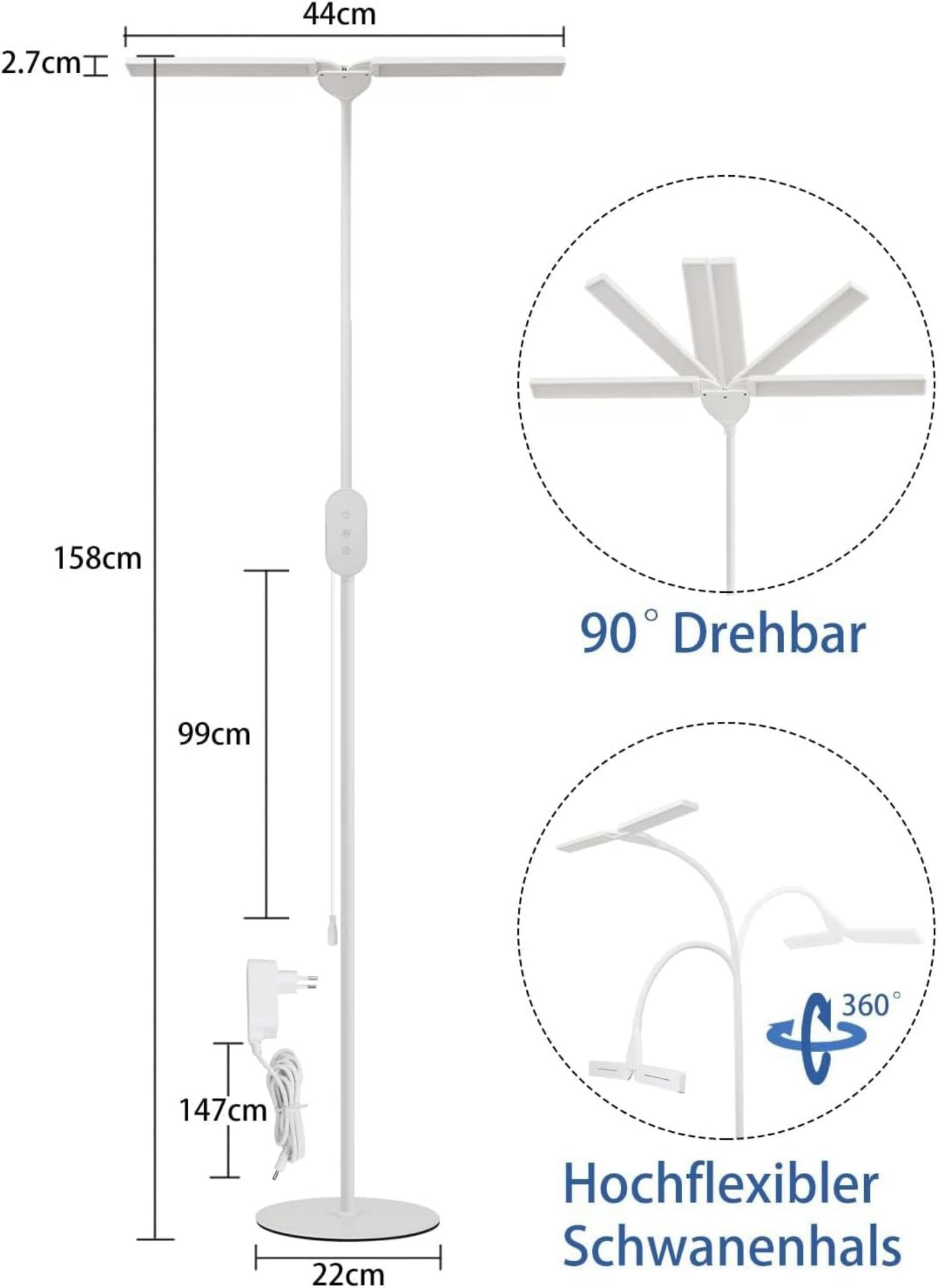 Biała lampa podłogowa z regulowanymi światłami. Wymiary i szczegóły techniczne.